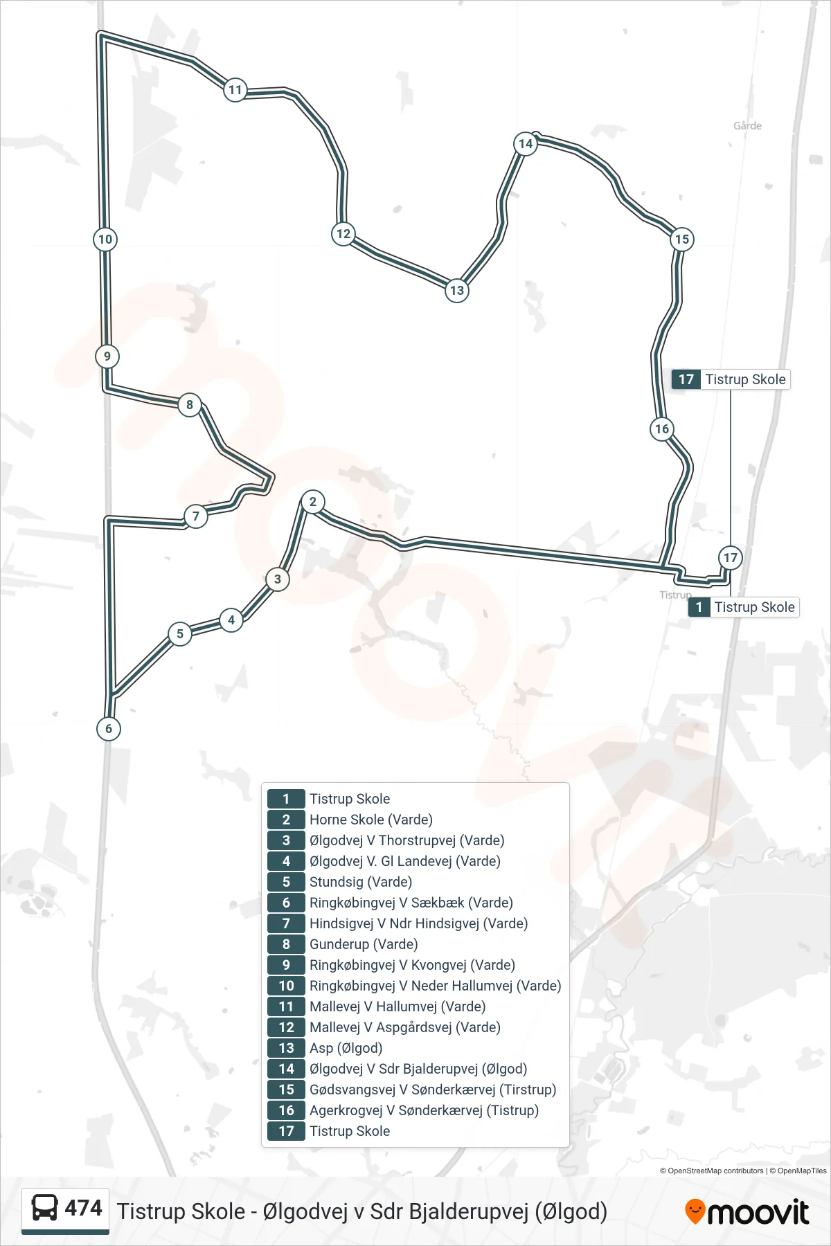 474 bus Linje (Tistrup Skole) rute og stop på et kort