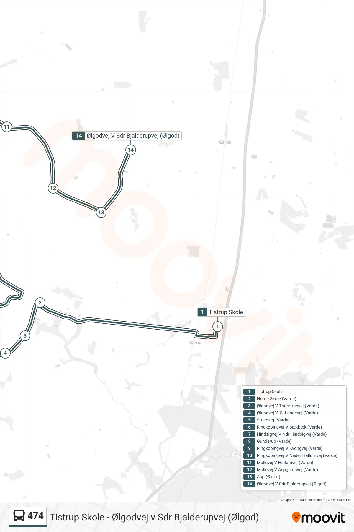 474 bus Line (Ølgodvej V Sdr Bjalderupvej (Ølgod)) route and stops on a map