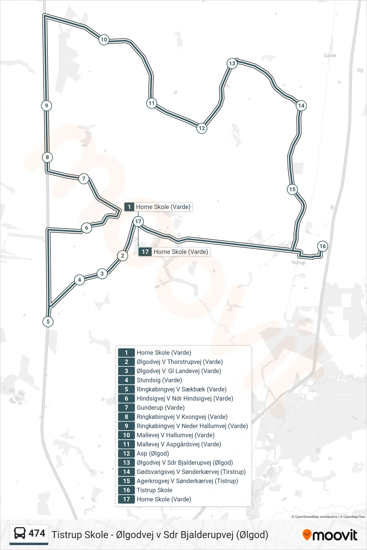 474 bus Linje (Horne Skole (Varde)) rute og stop på et kort