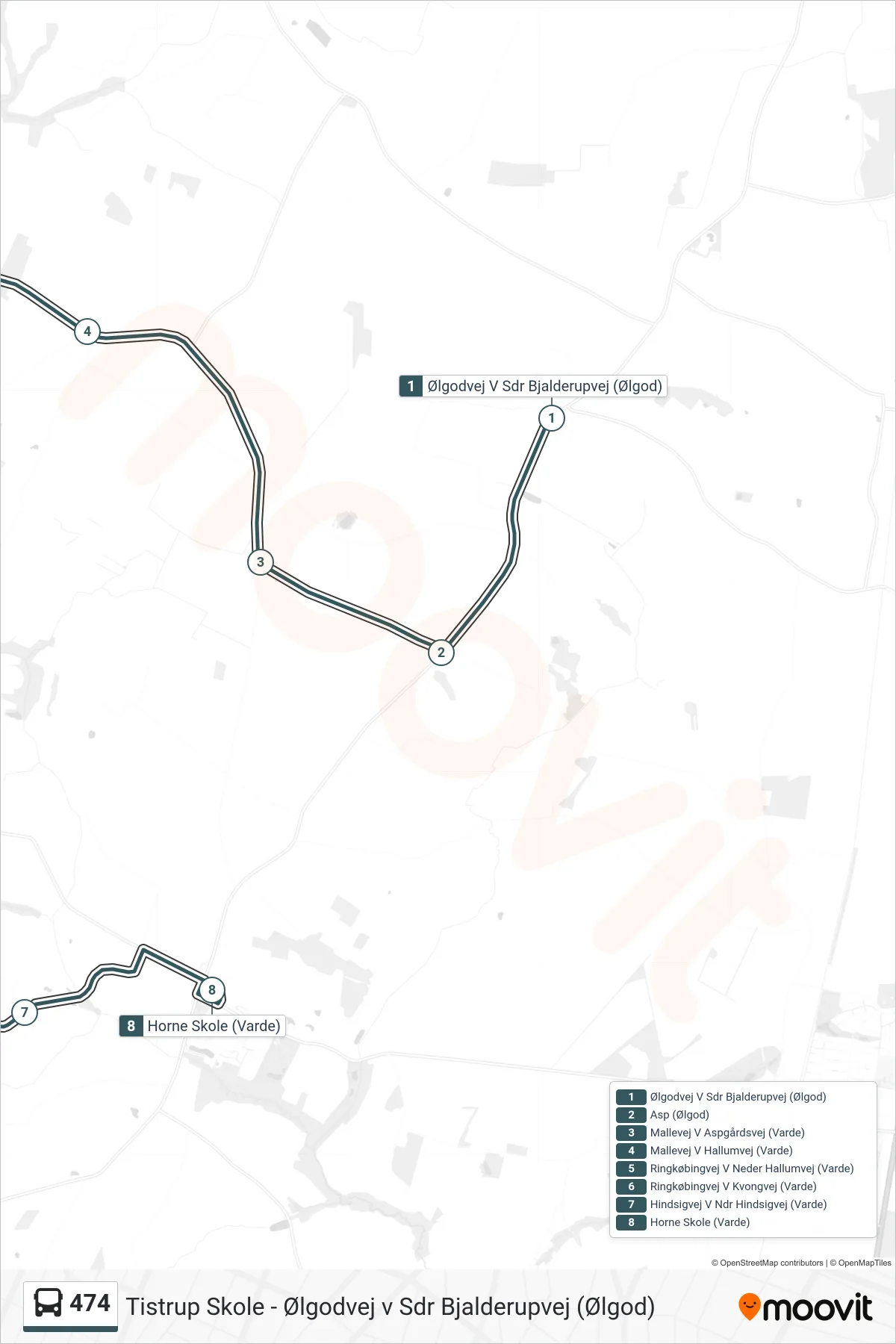 474 bus Linje (Horne Skole (Varde)) rute og stop på et kort