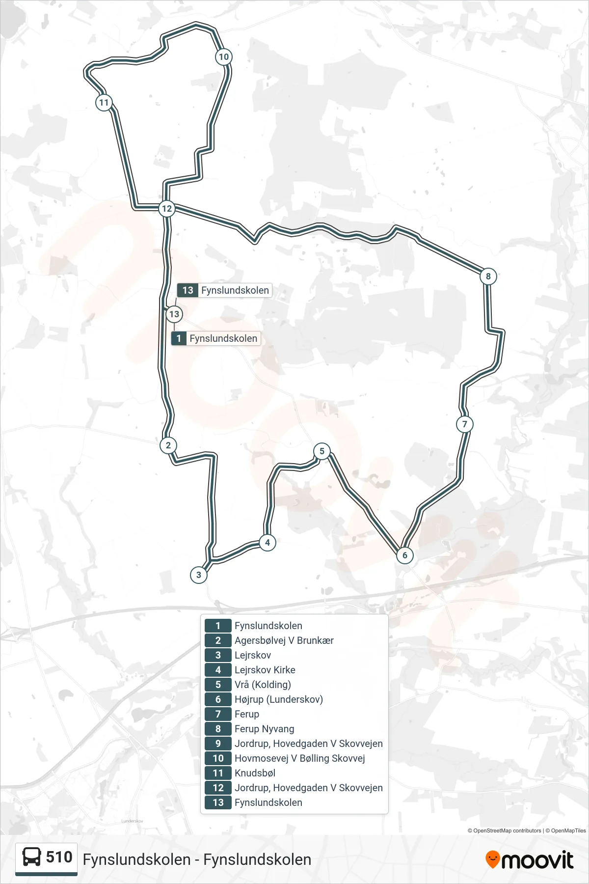 510 bus Linje (Fynslundskolen) rute og stop på et kort