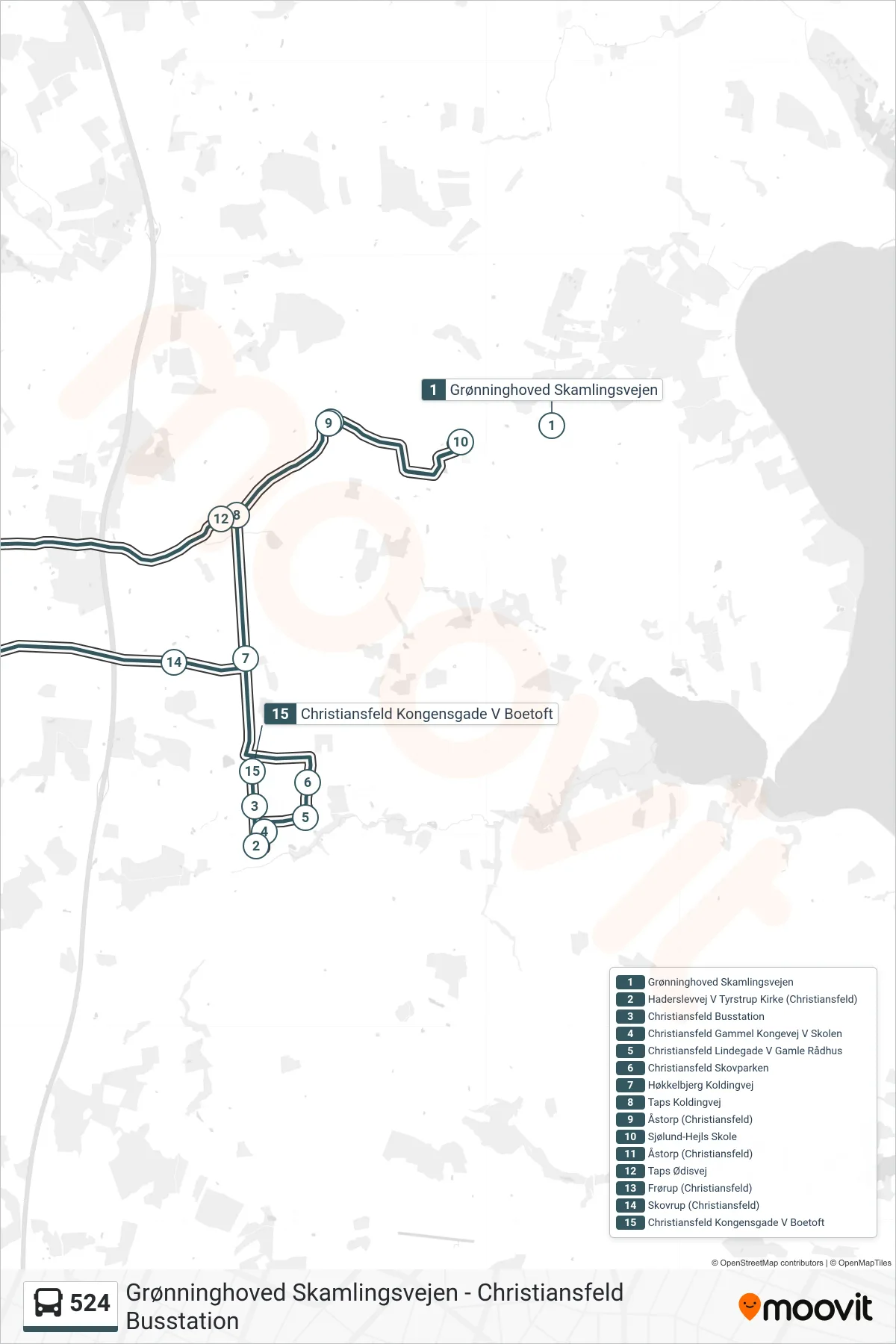 524 bus Line (Christiansfeld Busstation) route and stops on a map