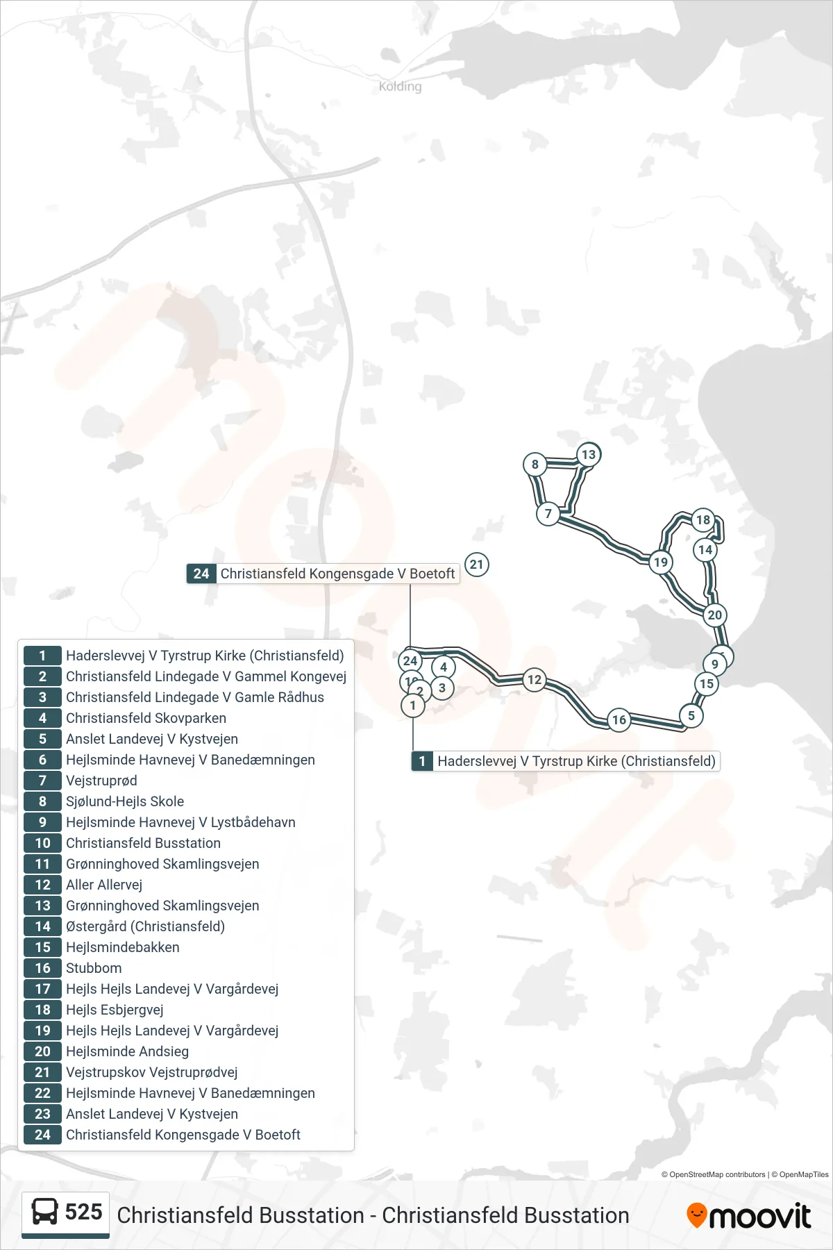 525 bus Linje (Christiansfeld Busstation) rute og stop på et kort