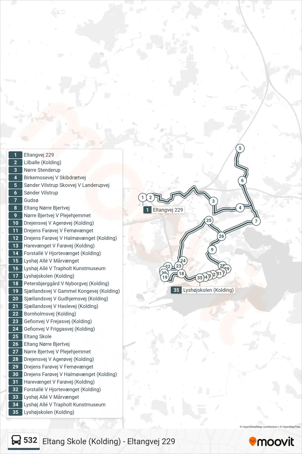 532 bus Linje (Lyshøjskolen (Kolding)) rute og stop på et kort