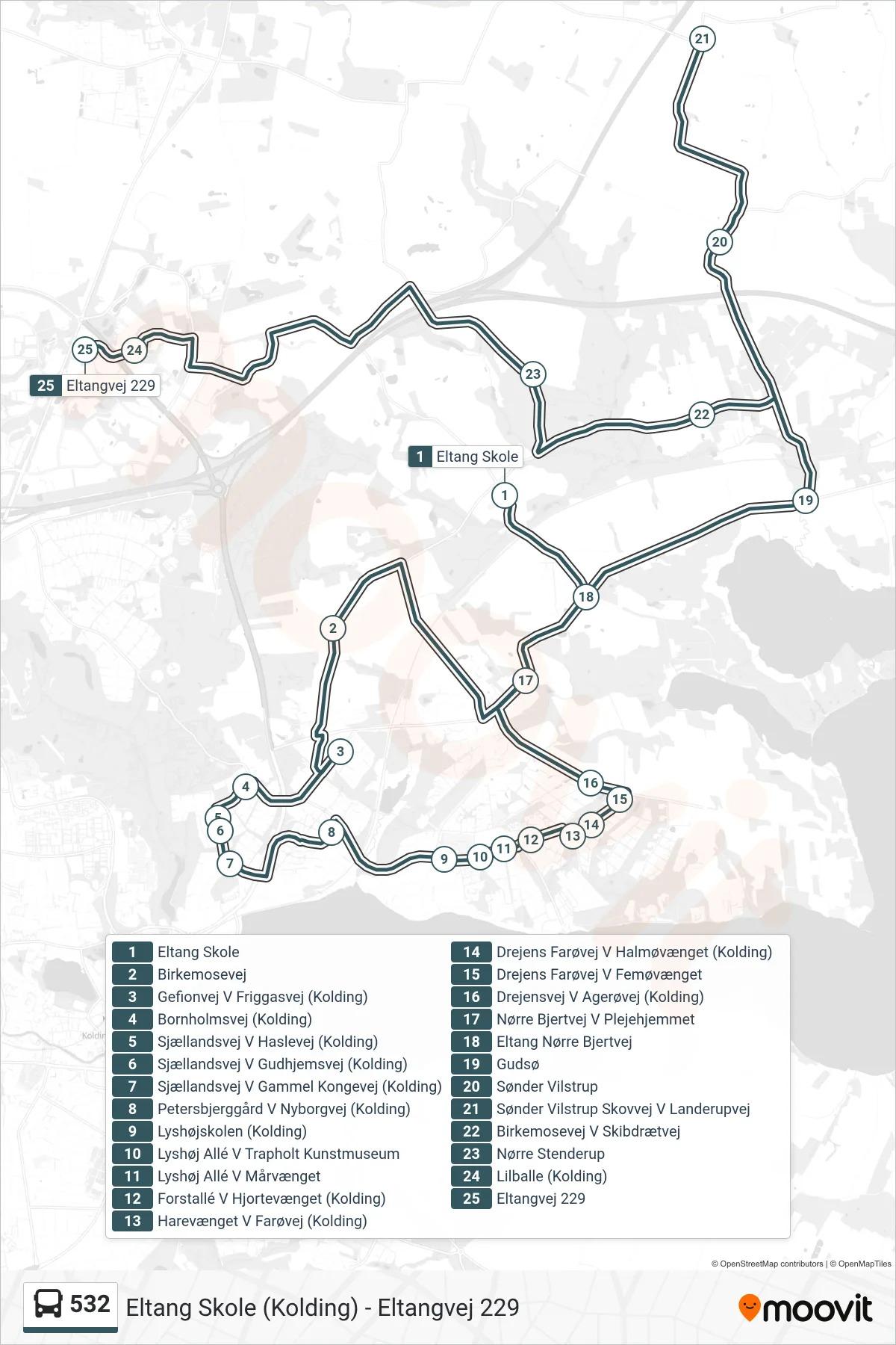 532 bus Line (Eltangvej 229) route and stops on a map