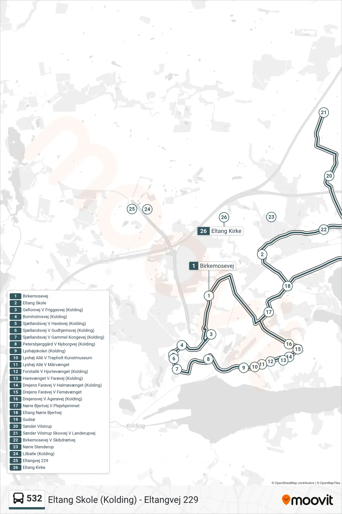 532 bus Linje (Eltang Skole (Kolding)) rute og stop på et kort