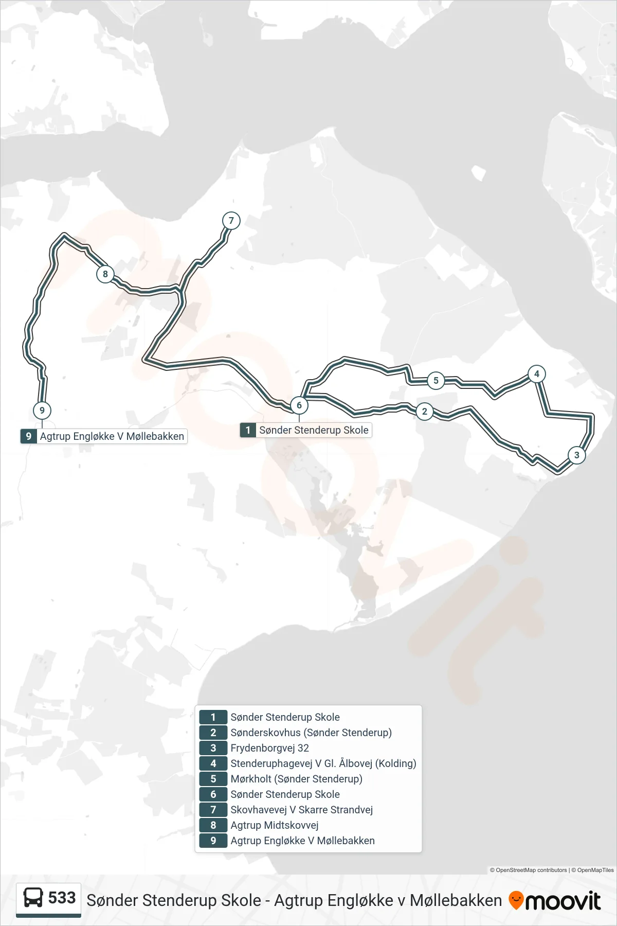 533 bus Linje (Agtrup Engløkke V Møllebakken) rute og stop på et kort