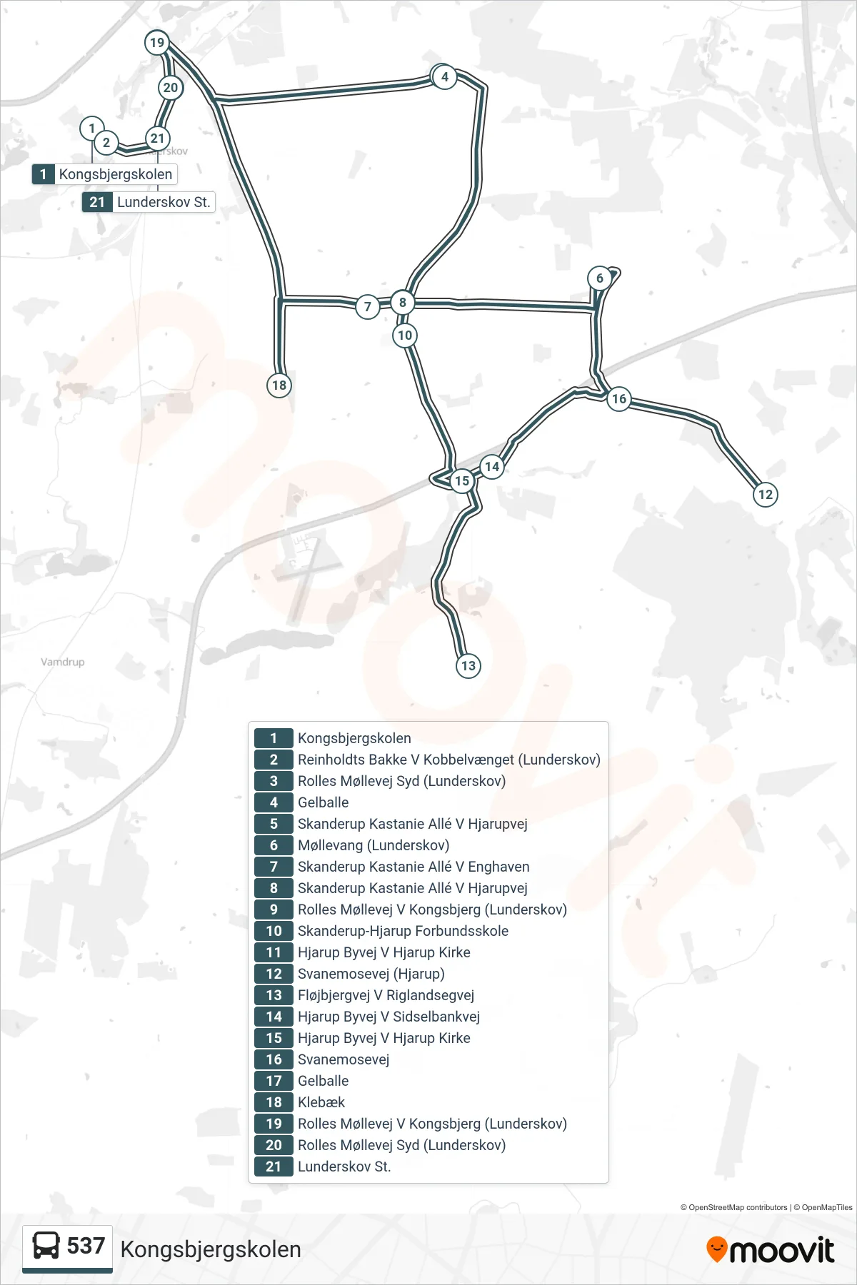 537 bus Linje (Kongsbjergskolen) rute og stop på et kort