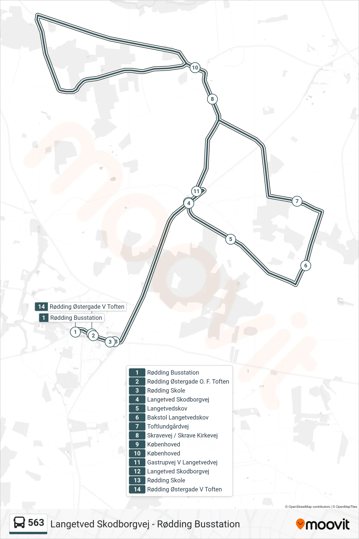 563 bus Linje (Rødding Busstation) rute og stop på et kort