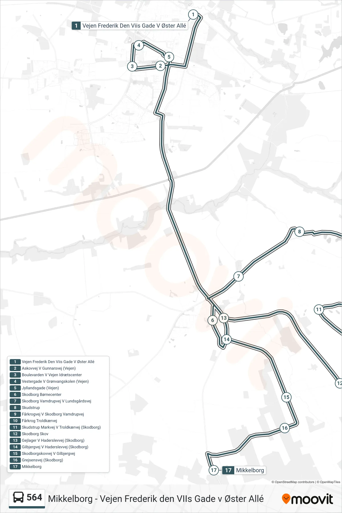 564 bus Linje (Mikkelborg) rute og stop på et kort