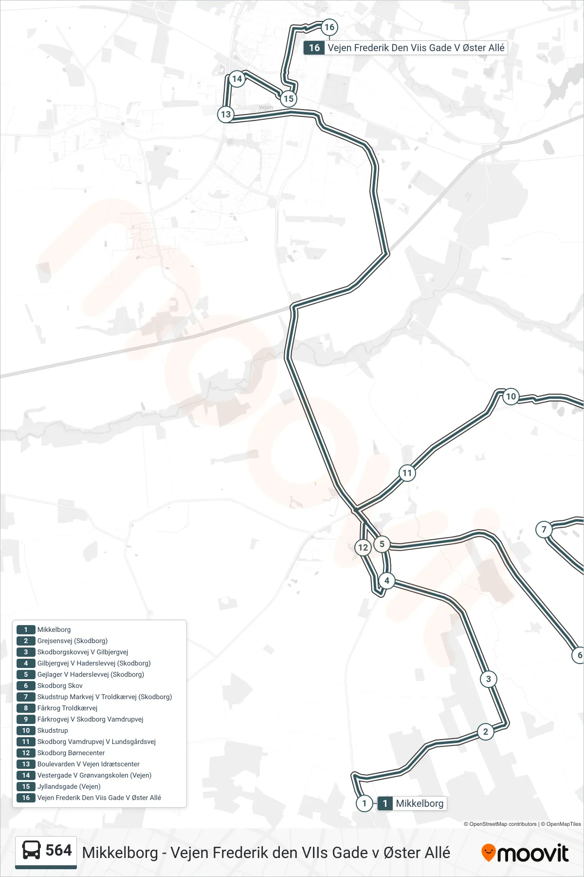 564 bus Linje (Vejen Frederik Den Viis Gade V Øster Allé) rute og stop på et kort