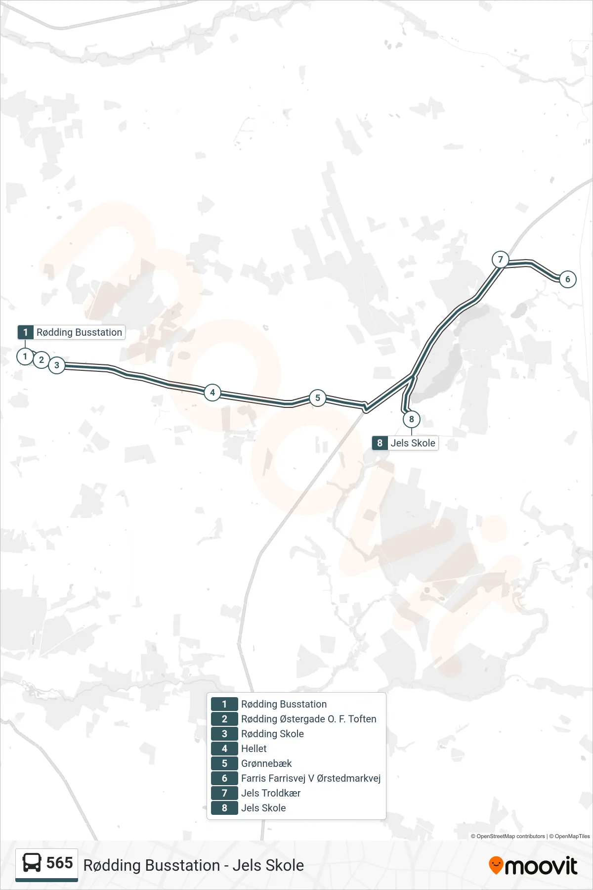 565 bus Linje (Jels Skole) rute og stop på et kort