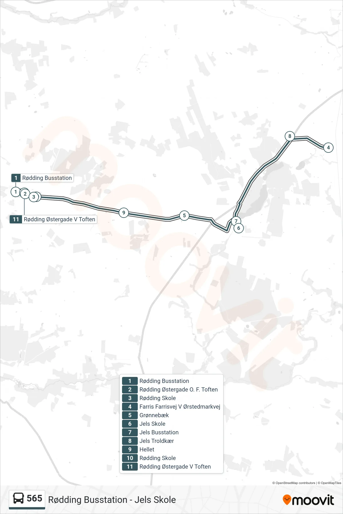 565 bus Line (Rødding Busstation) route and stops on a map