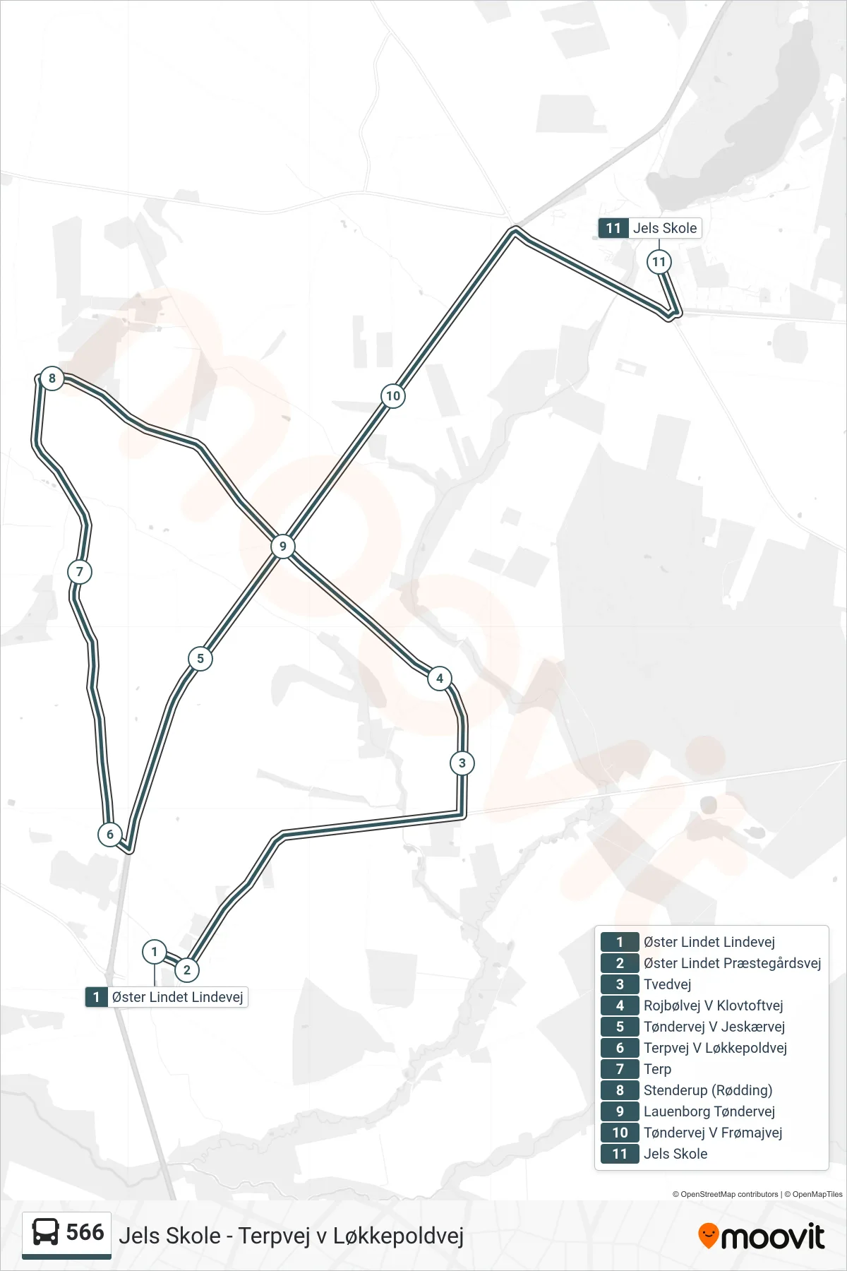 566 bus Linje (Jels Skole) rute og stop på et kort