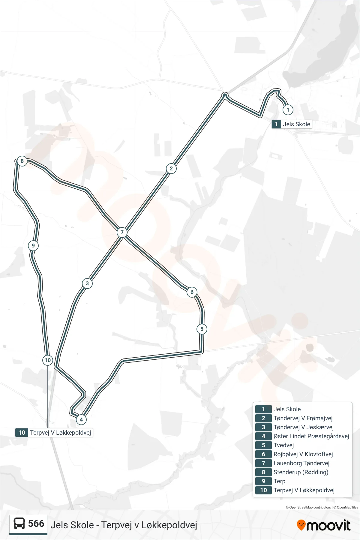 566 bus Linje (Terpvej V Løkkepoldvej) rute og stop på et kort