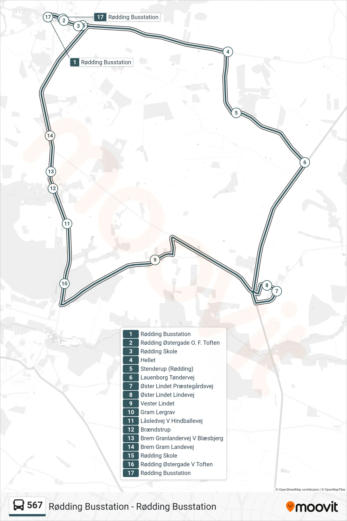 567 bus Linje (Rødding Busstation) rute og stop på et kort