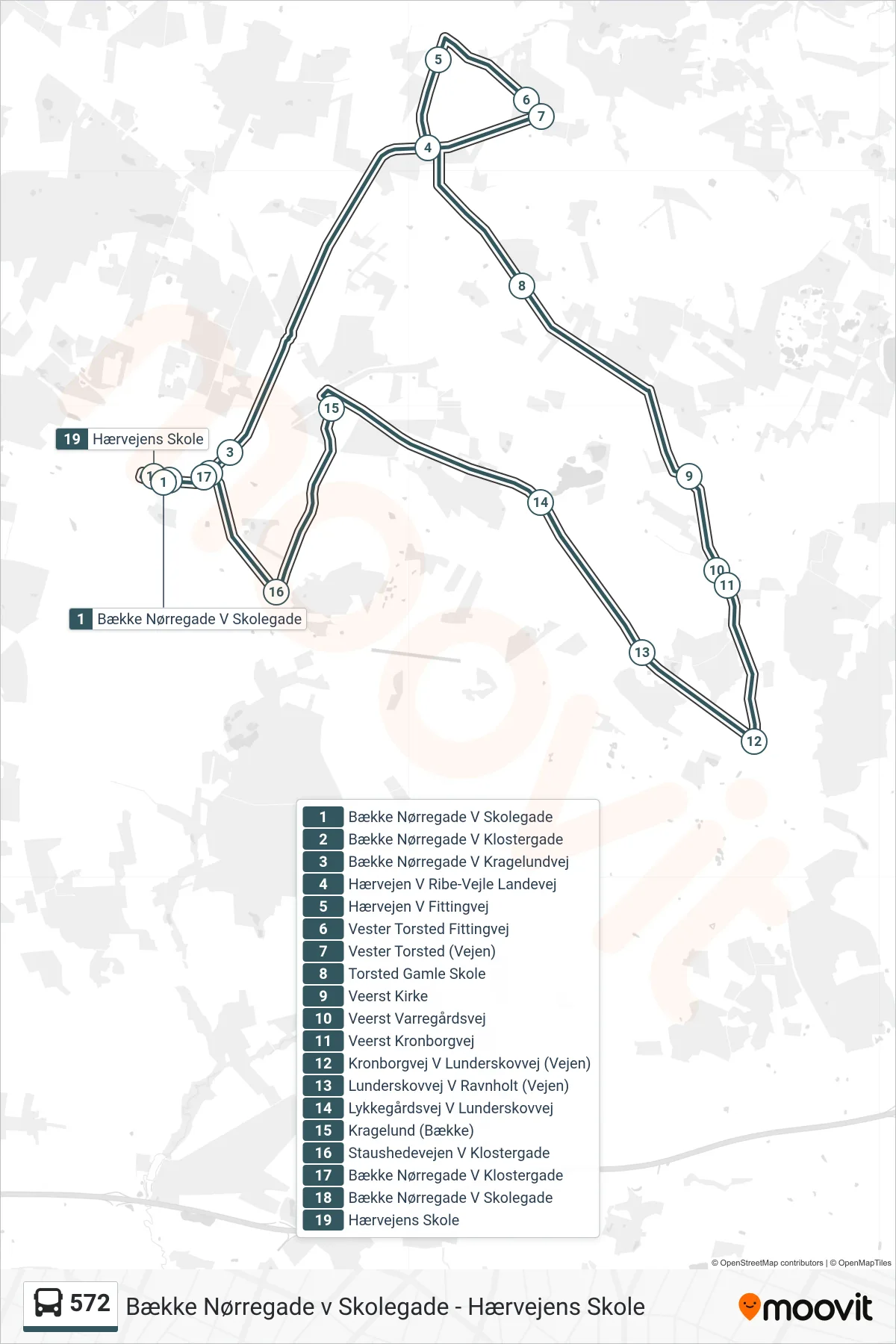 572 bus Linje (Hærvejens Skole) rute og stop på et kort