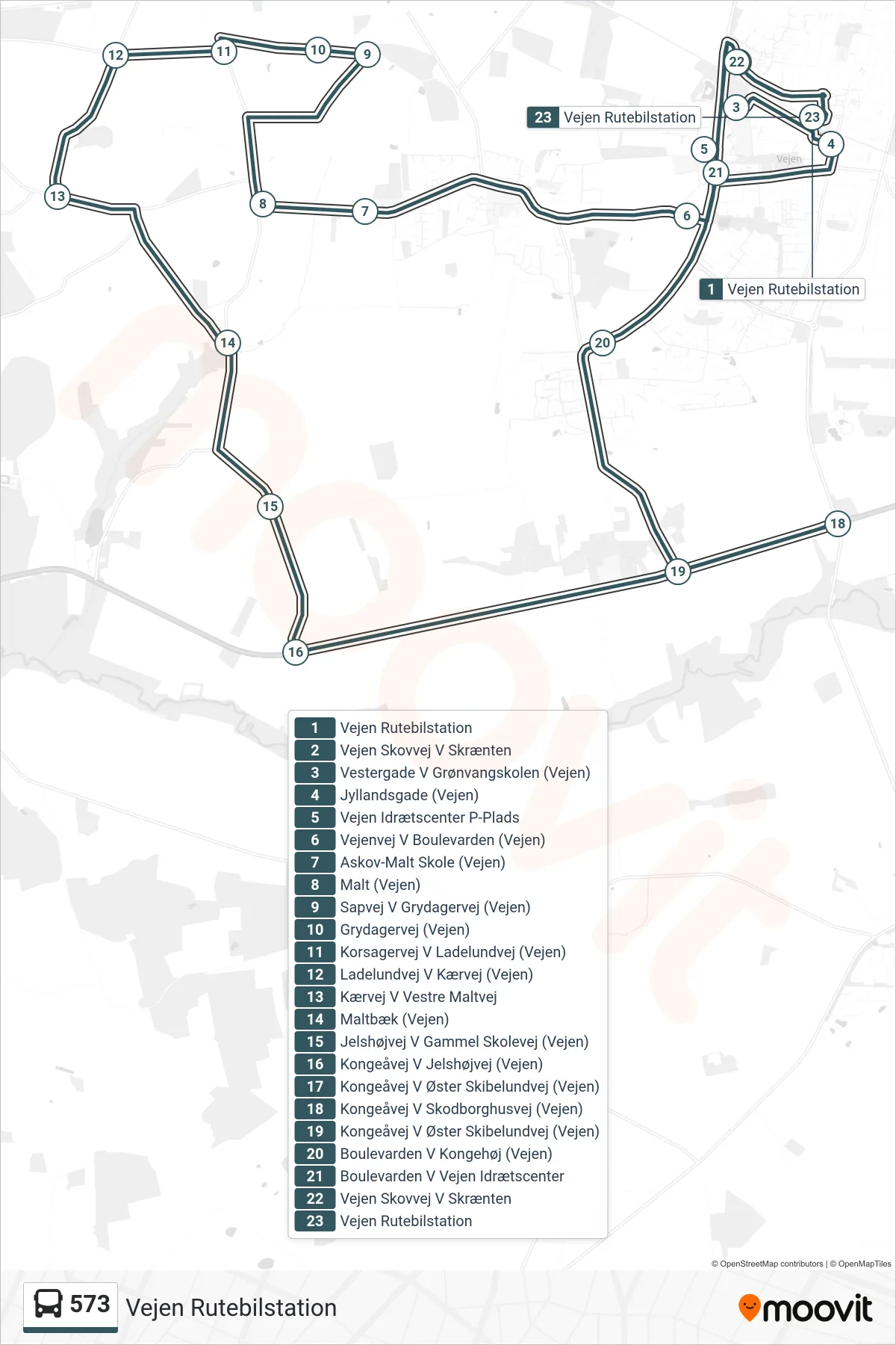 573 bus Linje (Vejen Rutebilstation) rute og stop på et kort