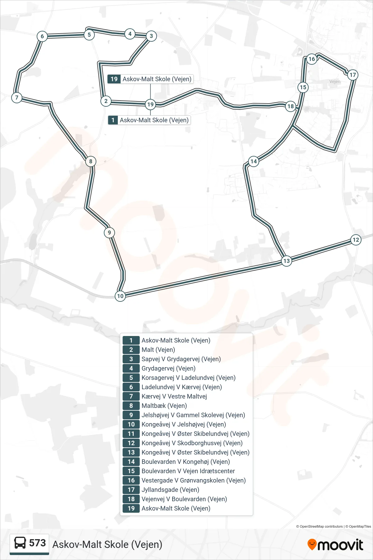573 bus Linje (Askov-Malt Skole (Vejen)) rute og stop på et kort