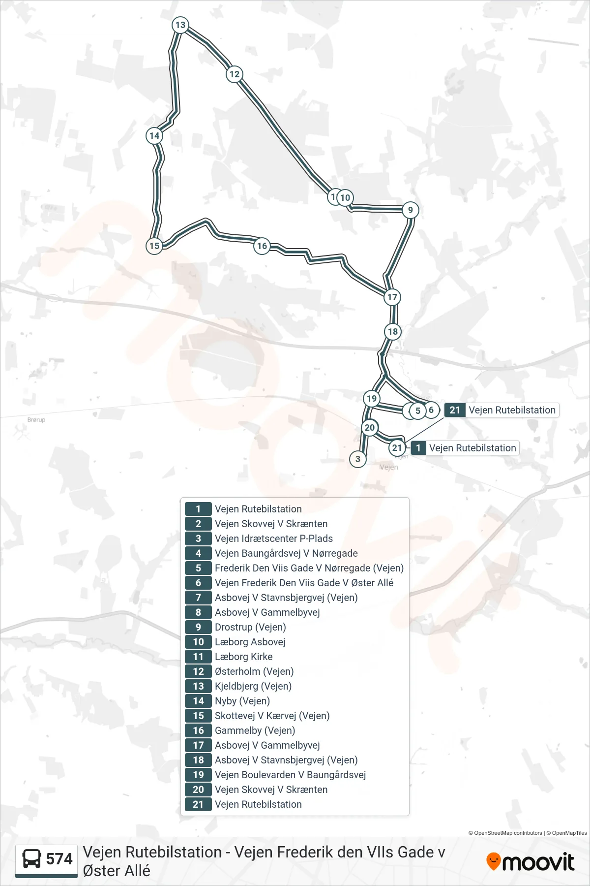 574 bus Linje (Læborg - Nyby - Gammelby) rute og stop på et kort