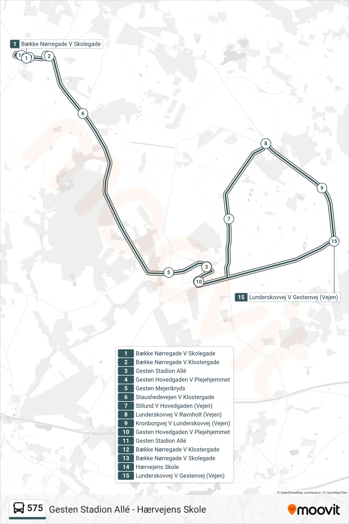 575 bus Linje (Hærvejens Skole) rute og stop på et kort