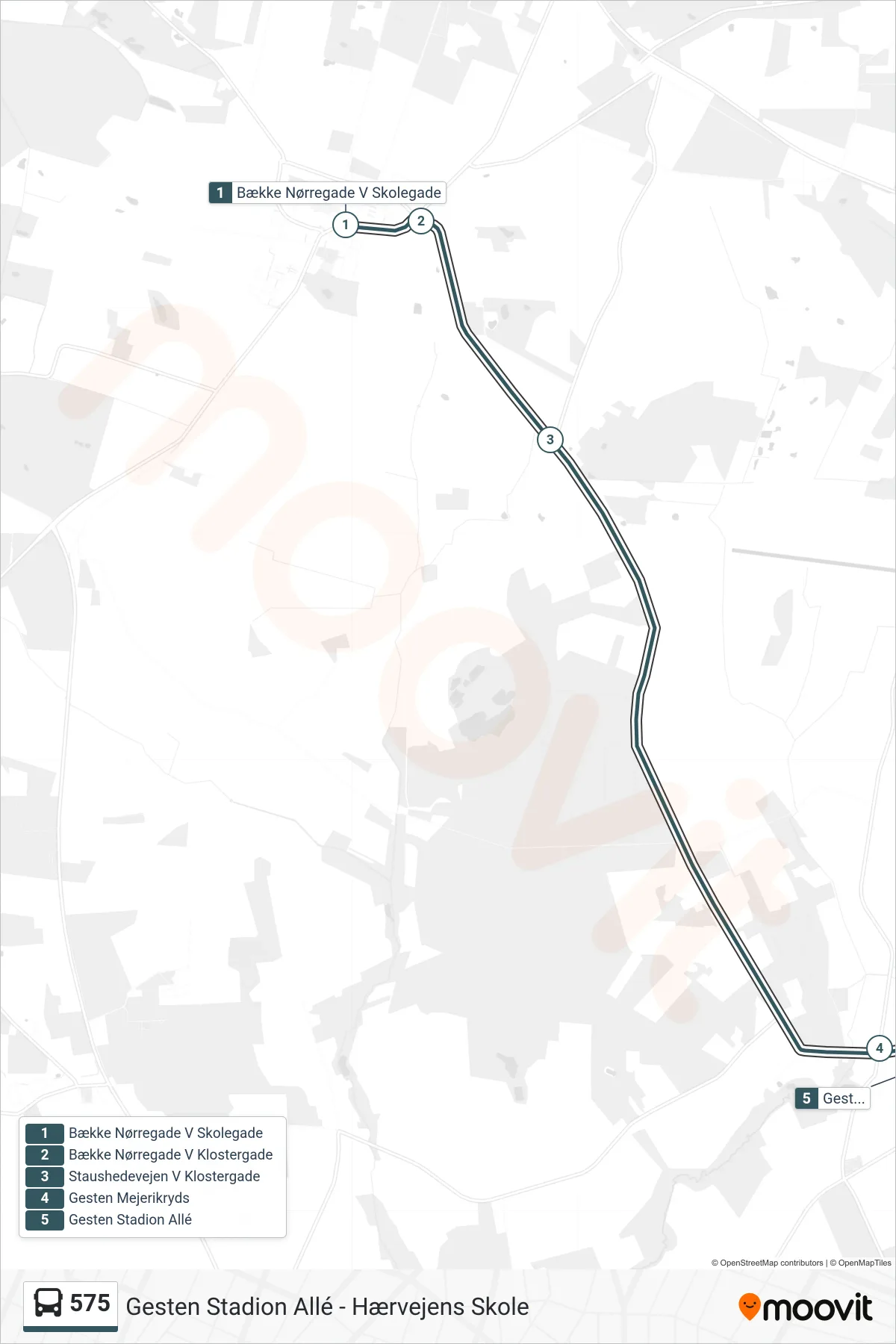 575 bus Linje (Gesten Stadion Allé) rute og stop på et kort
