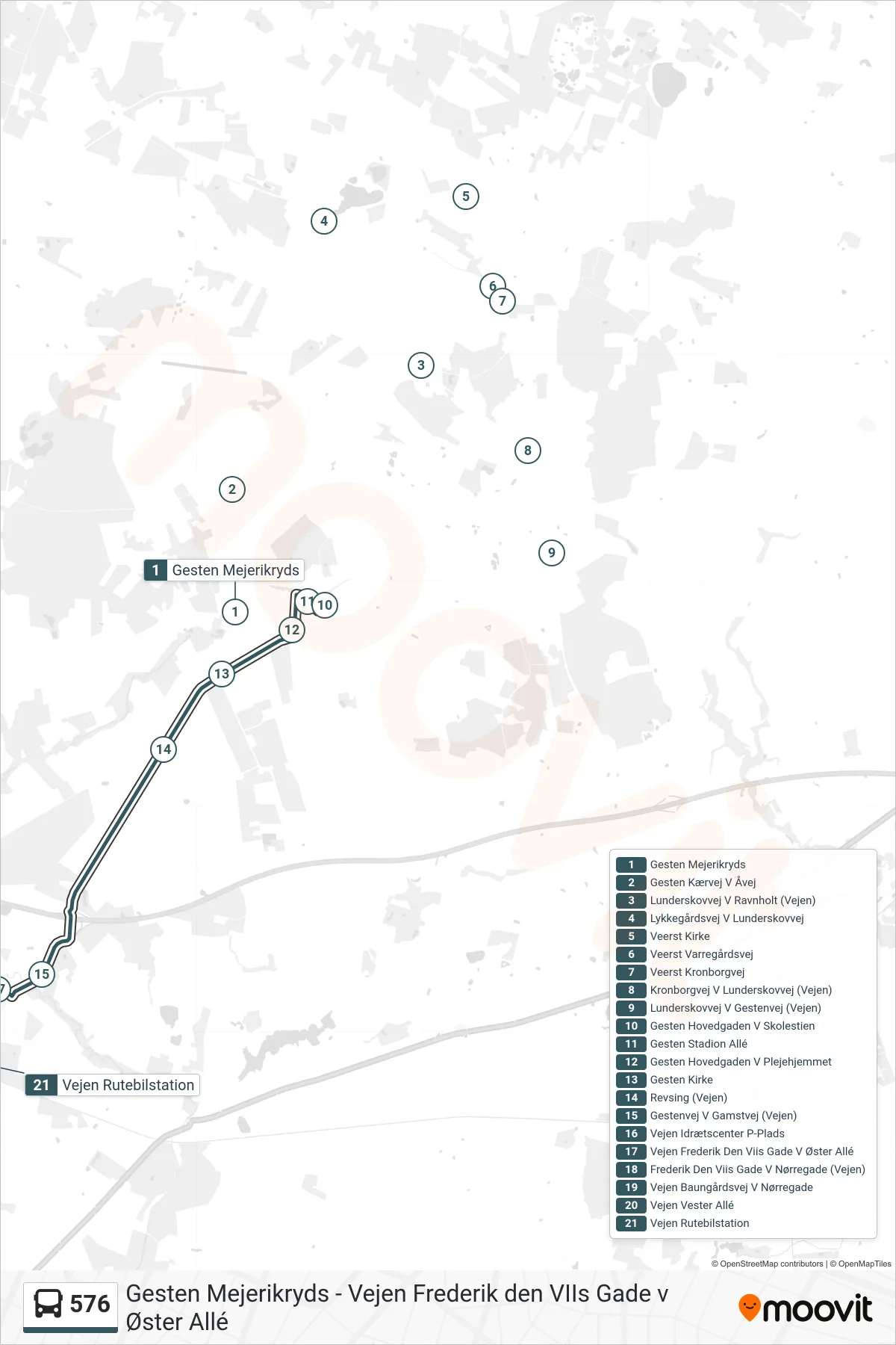 576 bus Linje (Vejen) rute og stop på et kort
