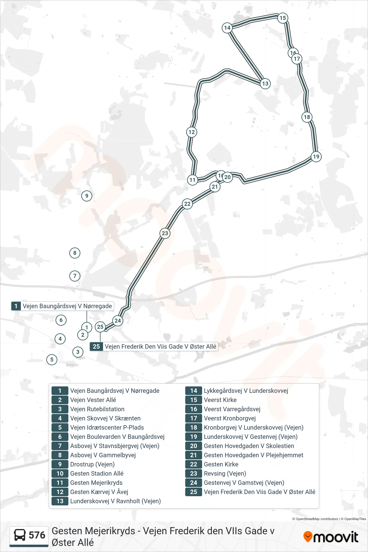 576 bus Linje (Vejen Frederik Den Viis Gade V Øster Allé) rute og stop på et kort