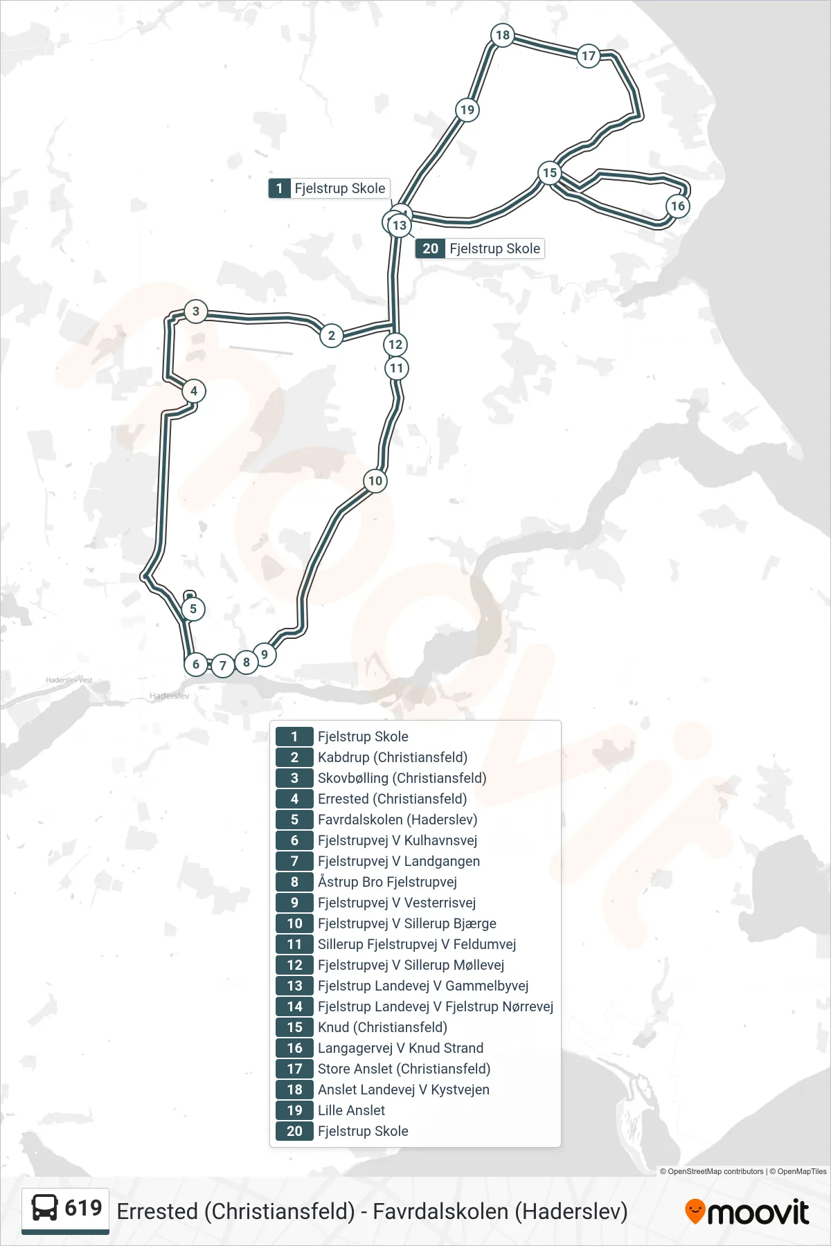619 bus Linje (Fjelstrup Skole) rute og stop på et kort