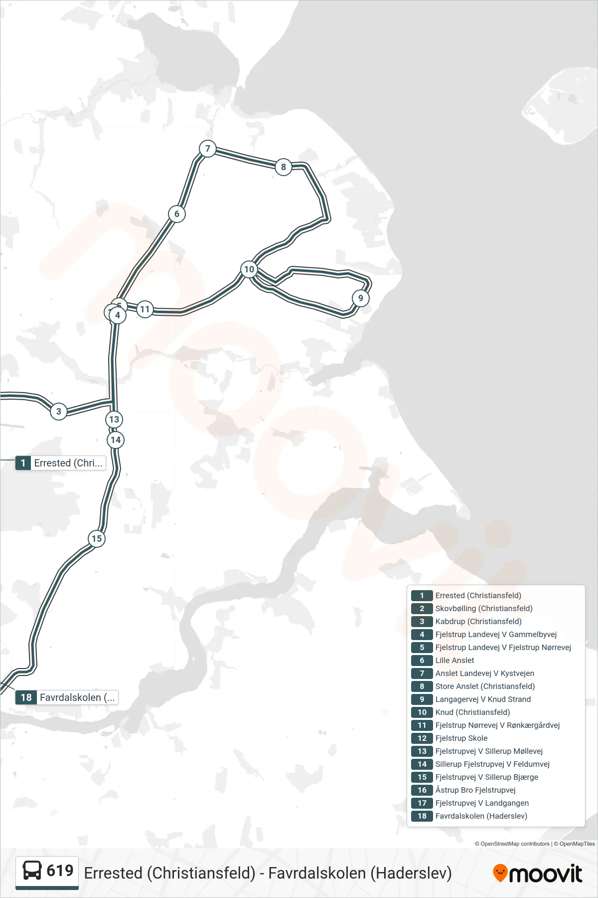 619 bus Linje (Favrdalskolen (Haderslev)) rute og stop på et kort