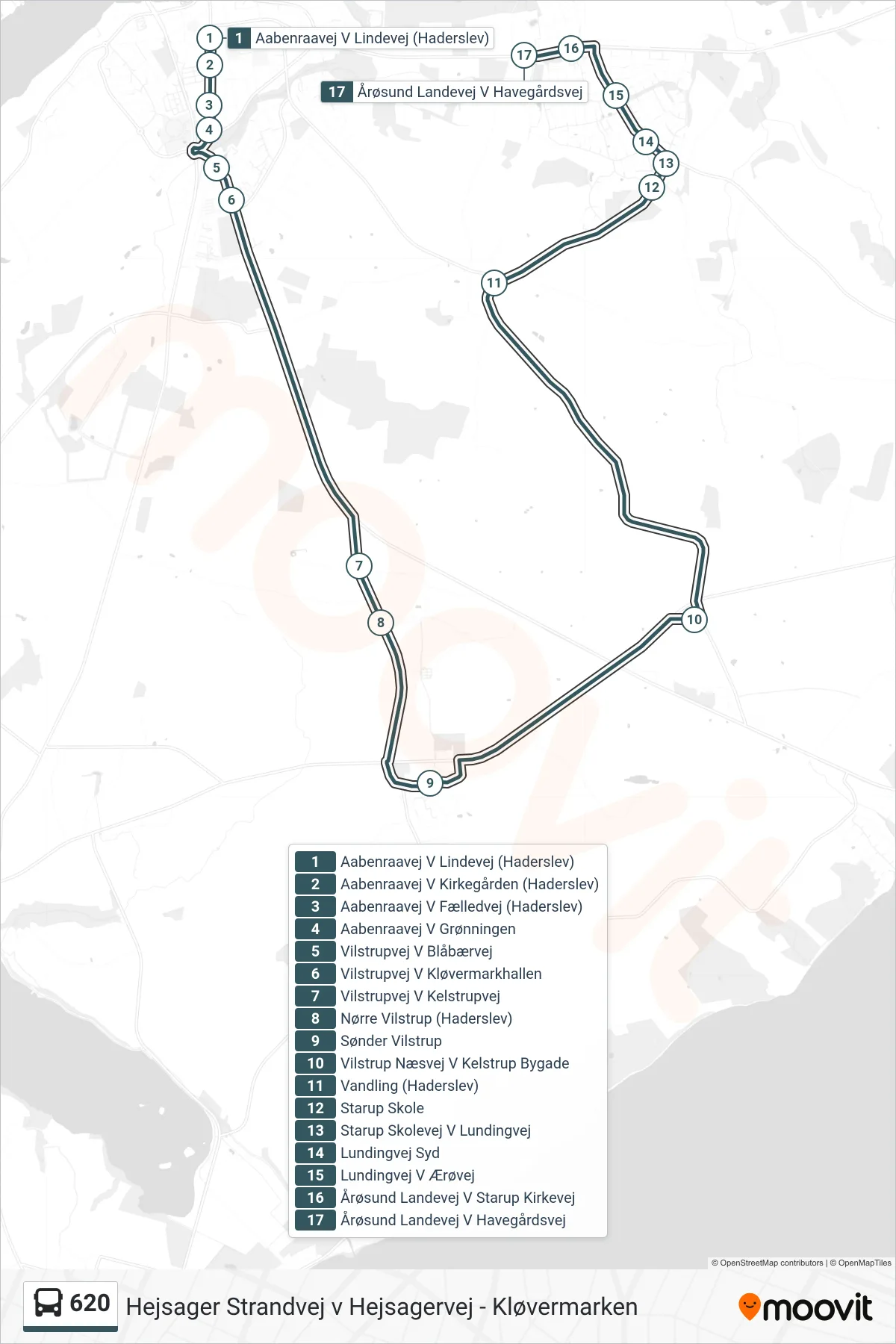 620 bus Line (Årøsund Landevej V Havegårdsvej) route and stops on a map