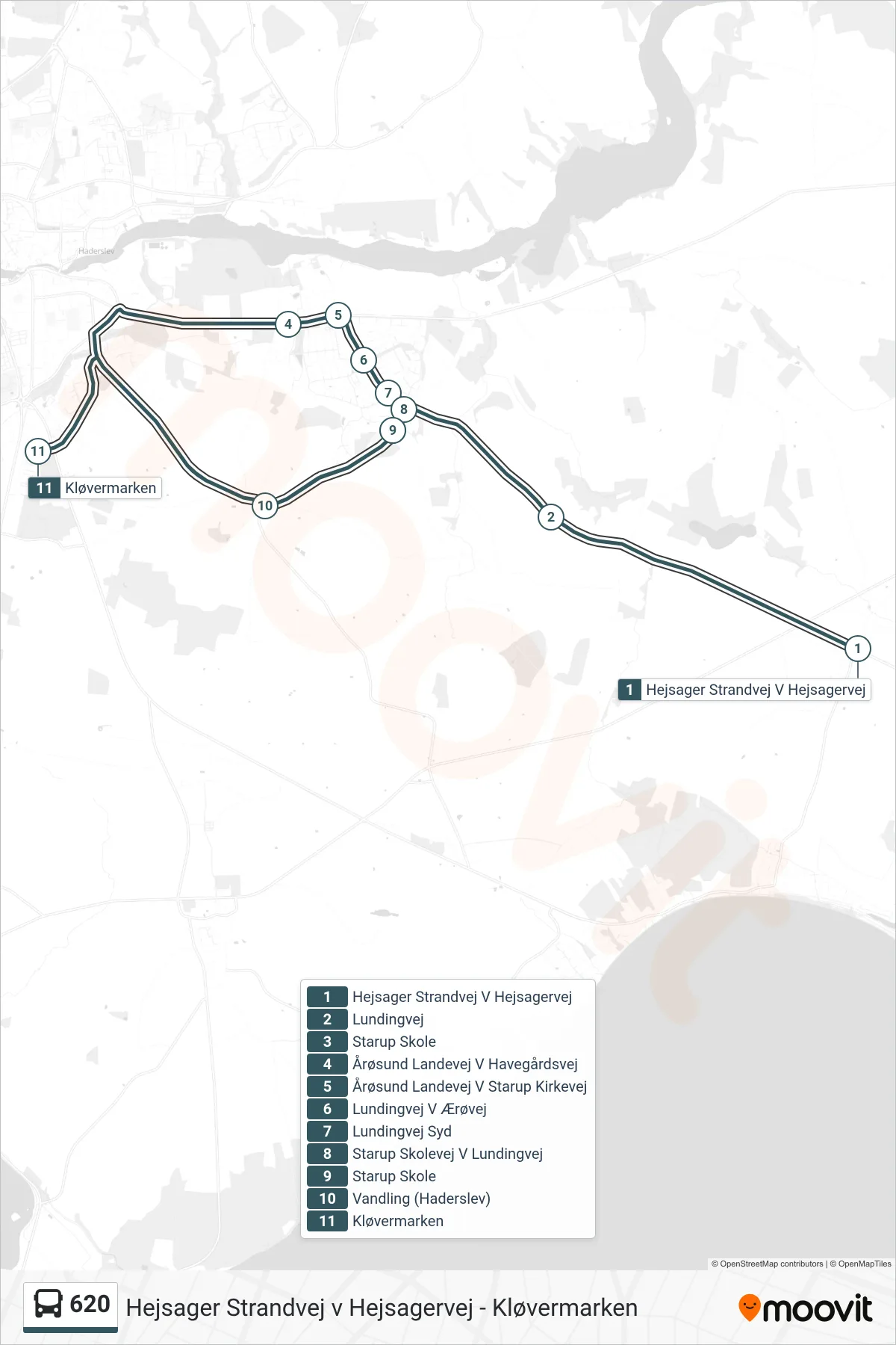 620 bus Linje (Kløvermarken) rute og stop på et kort