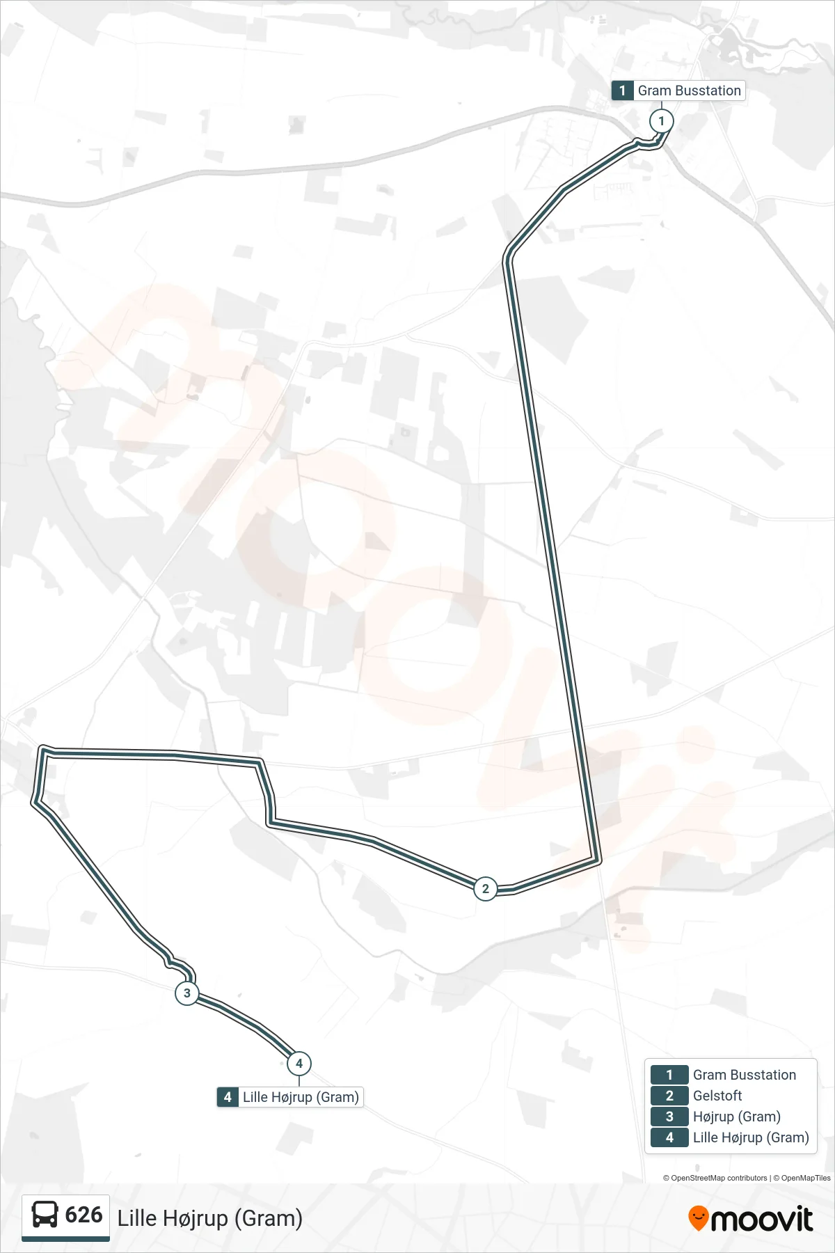 626 bus Linje (Lille Højrup (Gram)) rute og stop på et kort