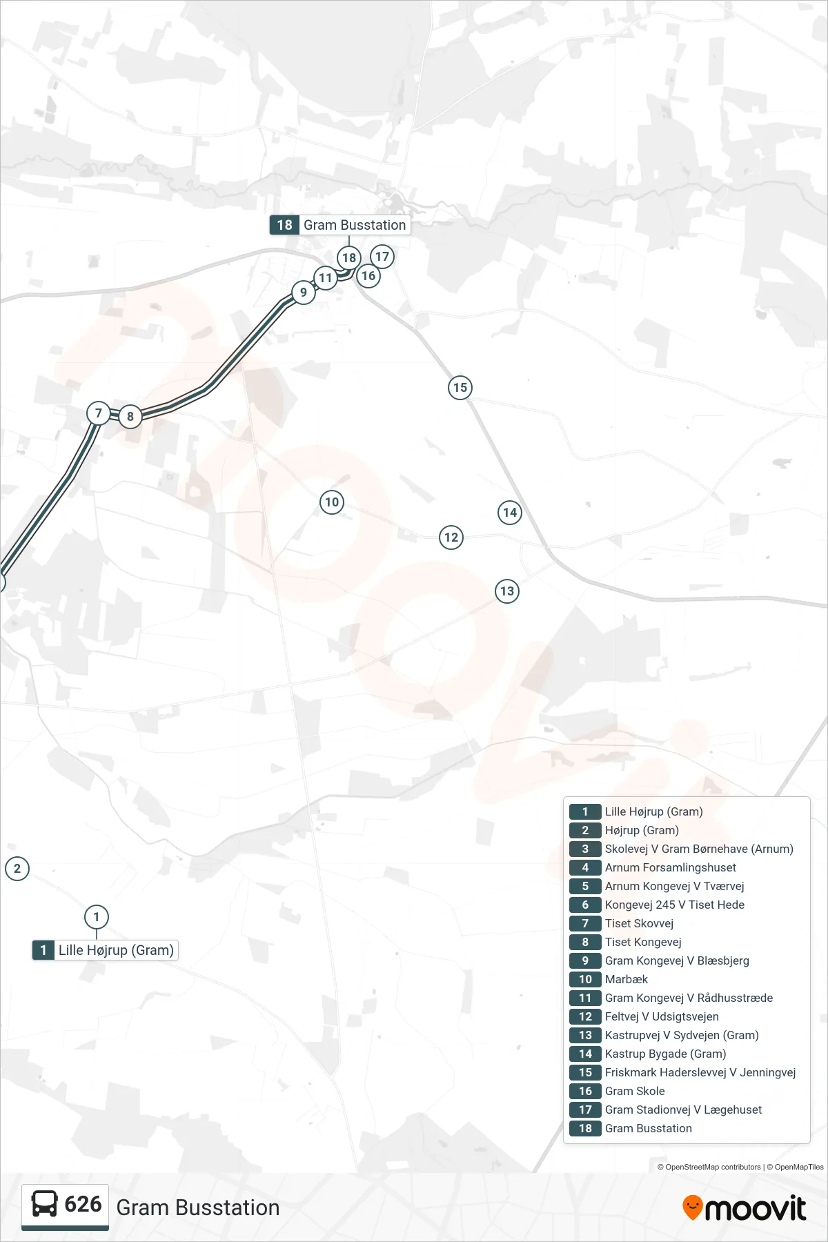 626 bus Linje (Gram Busstation) rute og stop på et kort