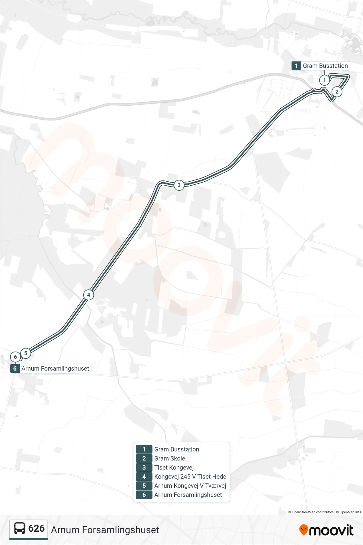 626 bus Line (Arnum Forsamlingshuset) route and stops on a map