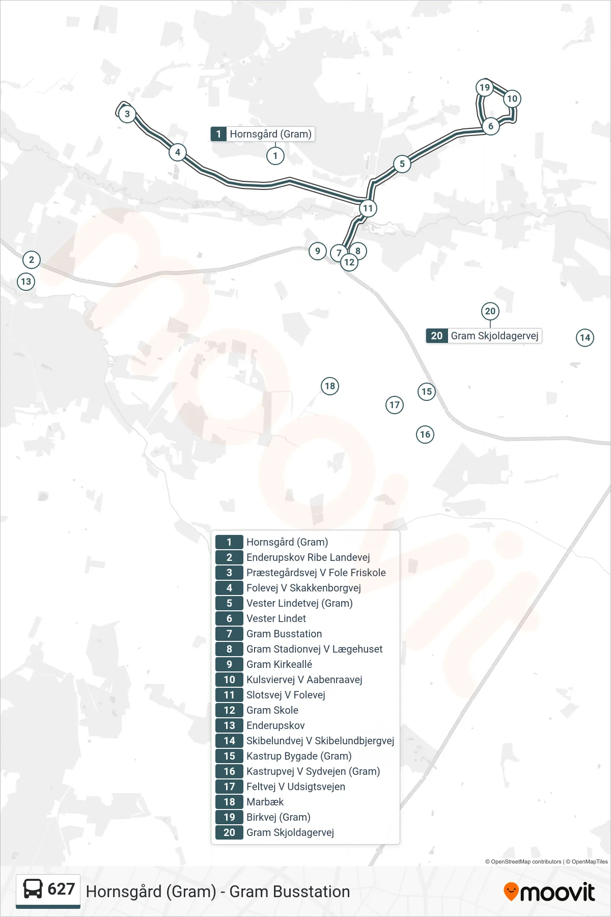 627 bus Linje (Gram Busstation) rute og stop på et kort