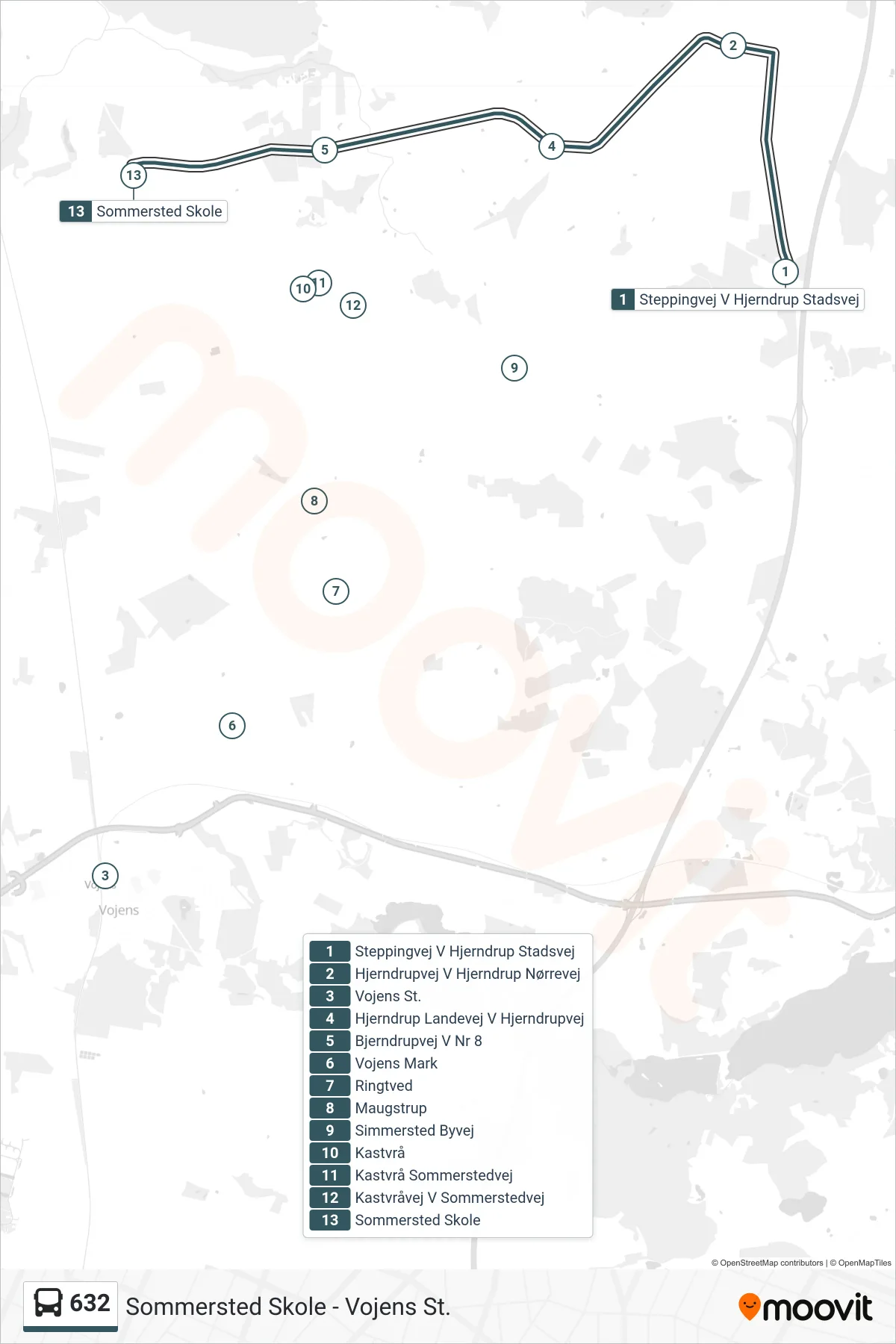 632 bus Linje (Sommersted Skole) rute og stop på et kort