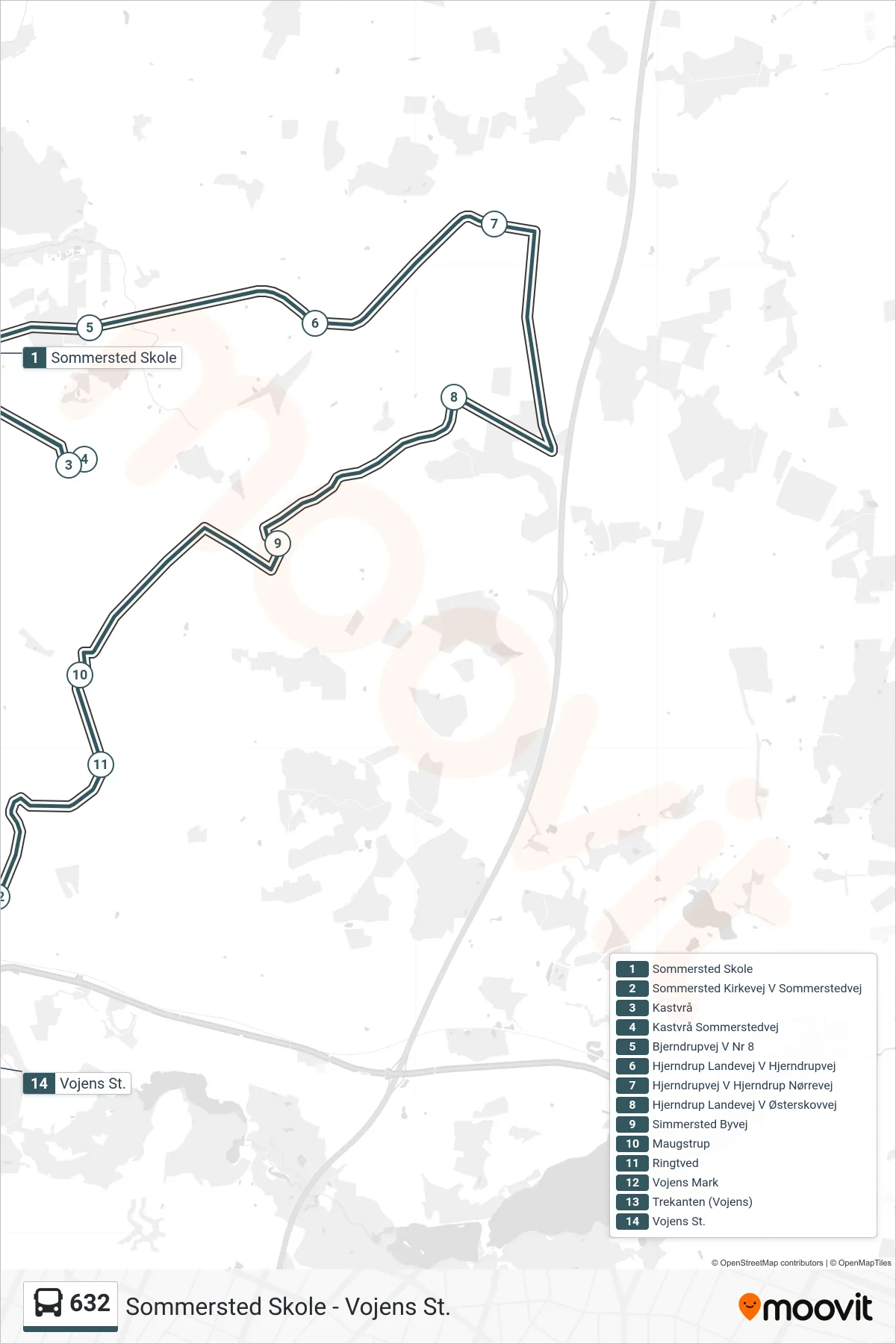 632 bus Linje (Vojens St. (Bus)) rute og stop på et kort
