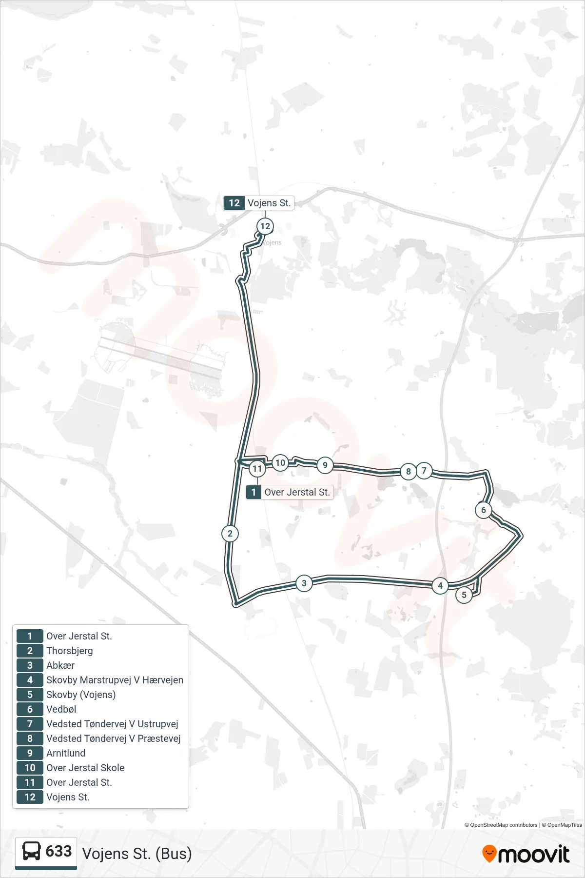 633 bus Linje (Vojens St. (Bus)) rute og stop på et kort