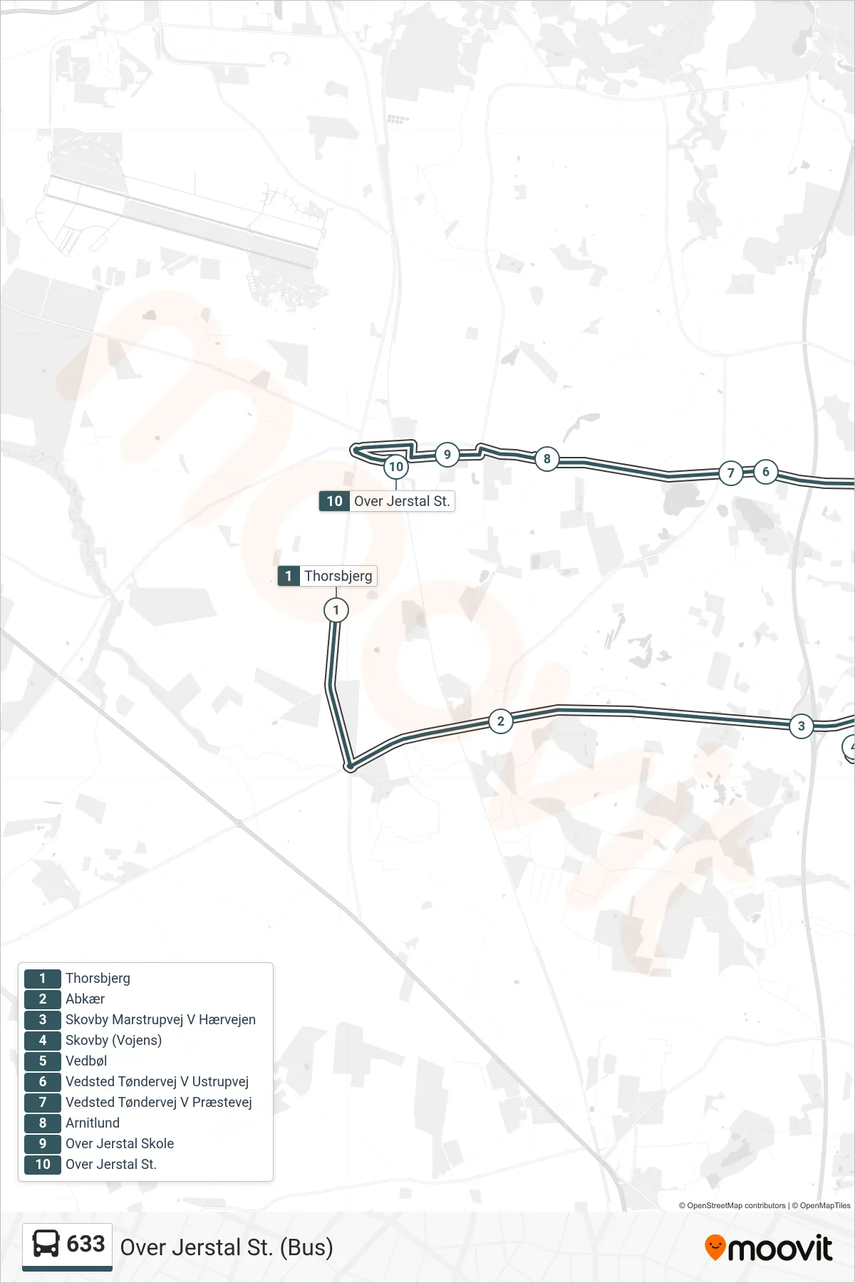 633 bus Line (Over Jerstal St. (Bus)) route and stops on a map