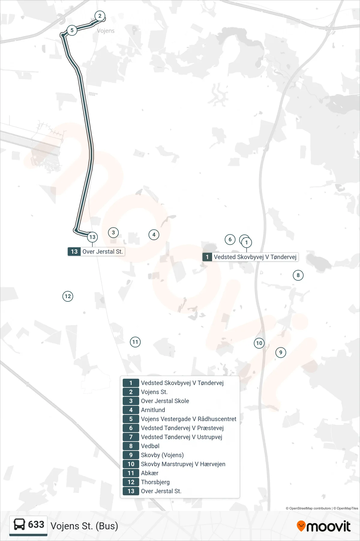 633 bus Linje (Vojens St. (Bus)) rute og stop på et kort