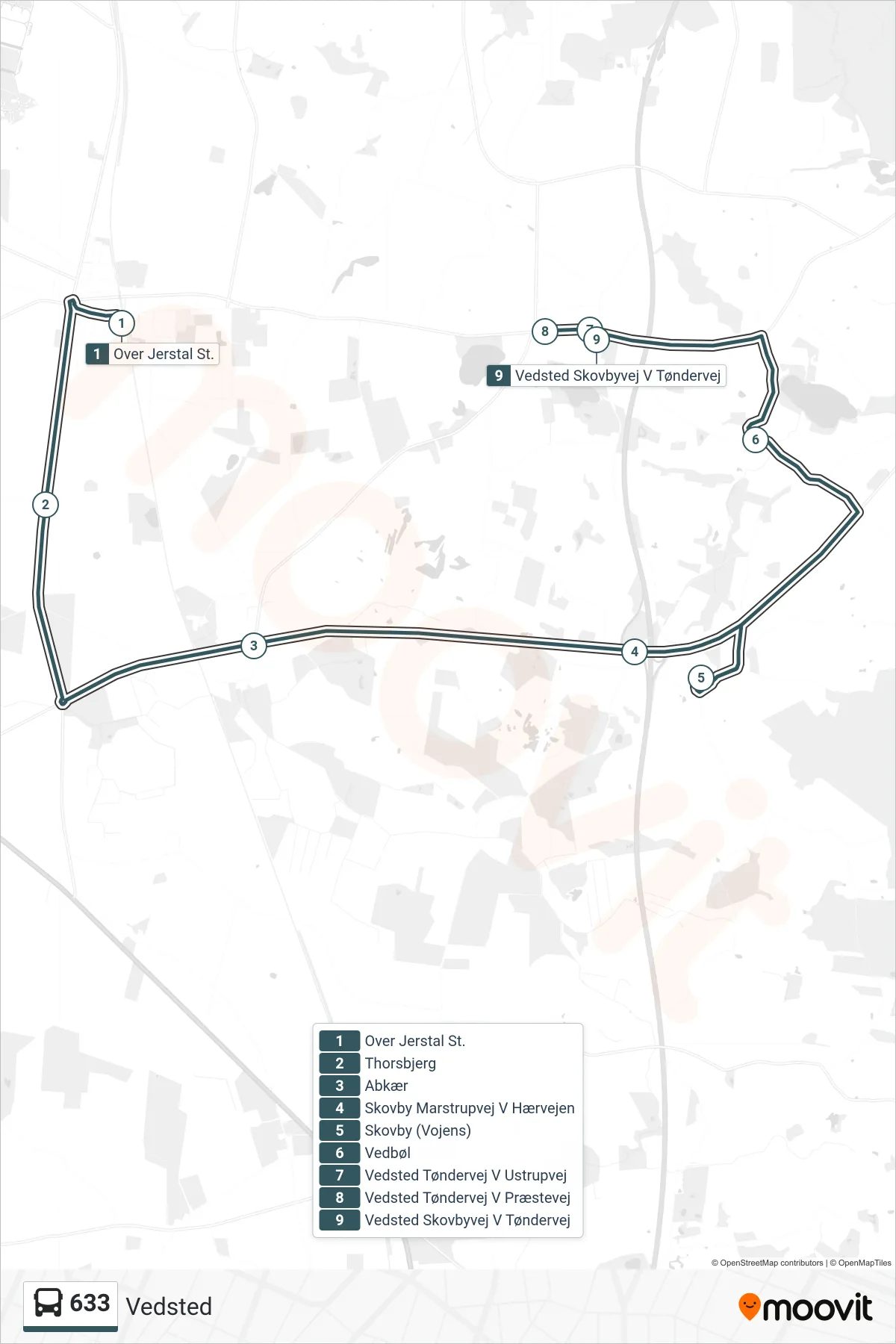 633 bus Linje (Vedsted) rute og stop på et kort