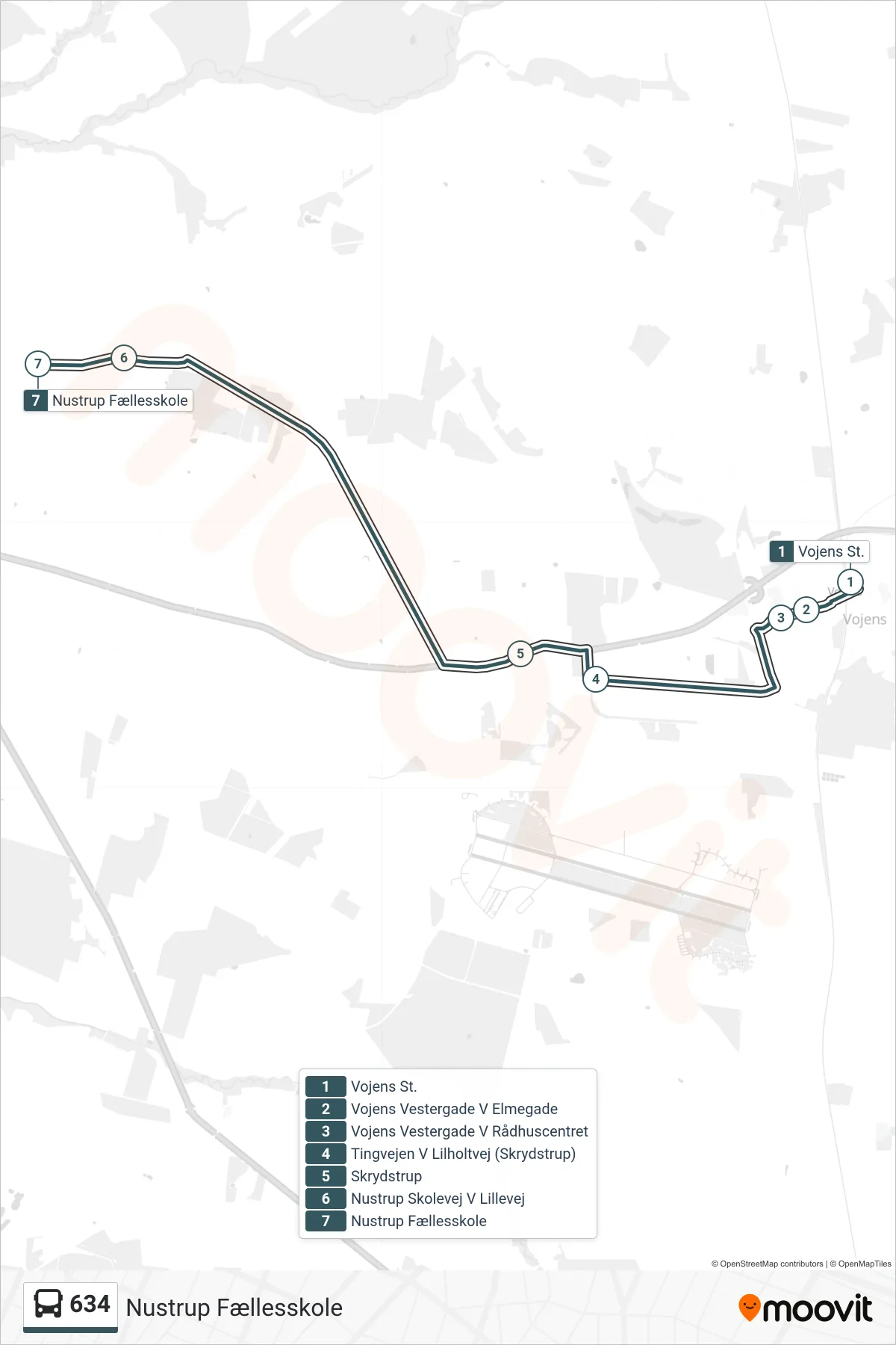 634 bus Linje (Nustrup Fællesskole) rute og stop på et kort