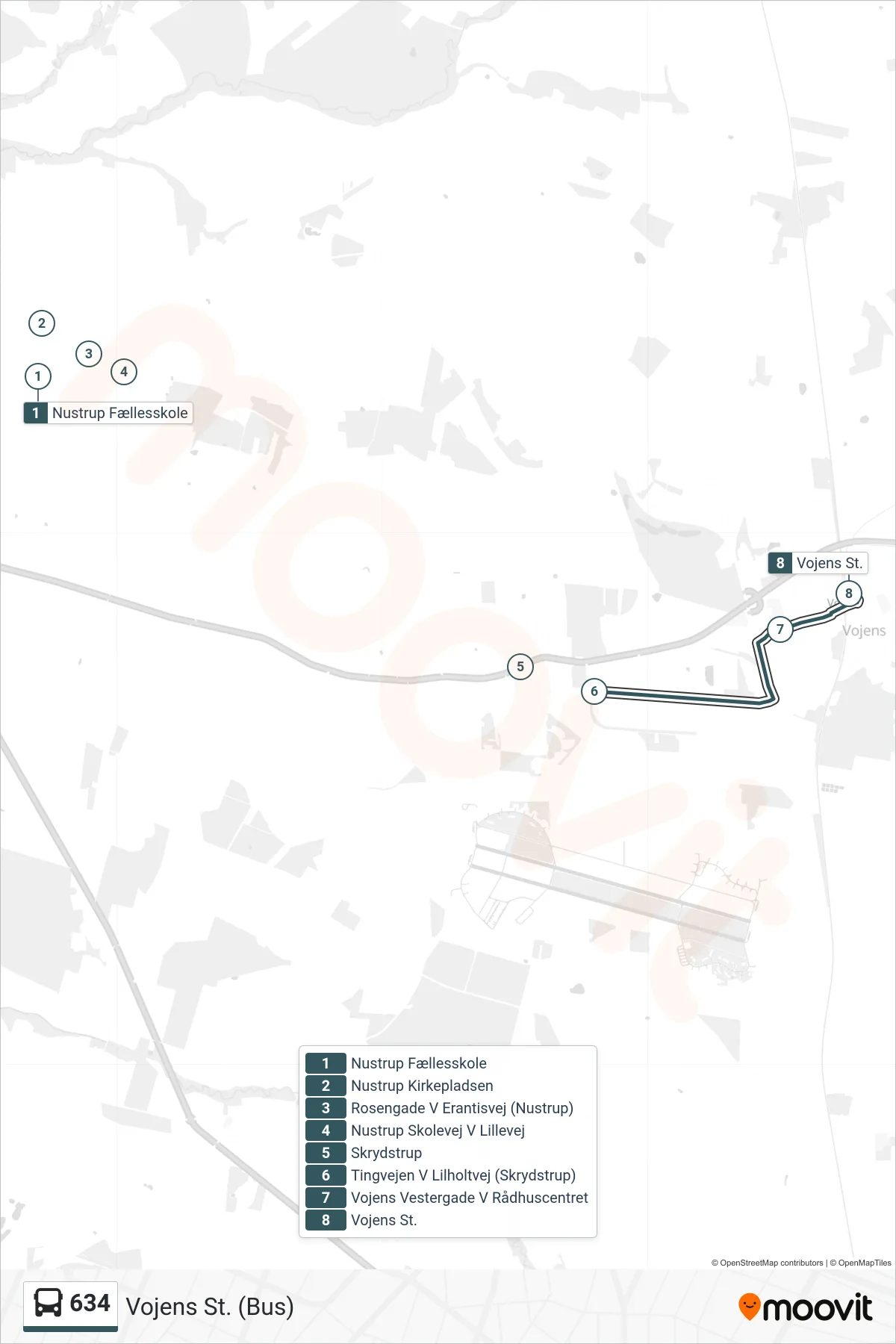 634 bus Line (Vojens St. (Bus)) route and stops on a map