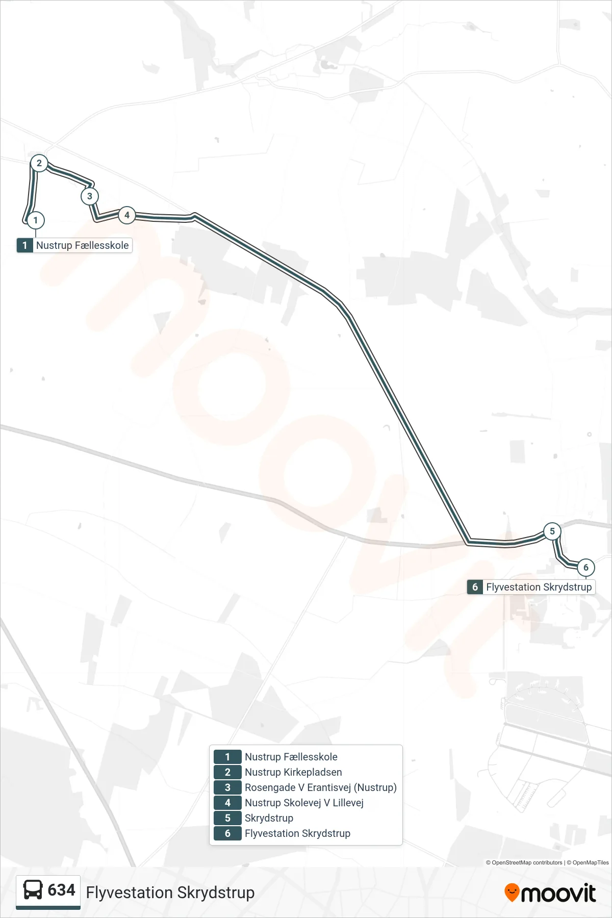 634 bus Linje (Flyvestation Skrydstrup) rute og stop på et kort