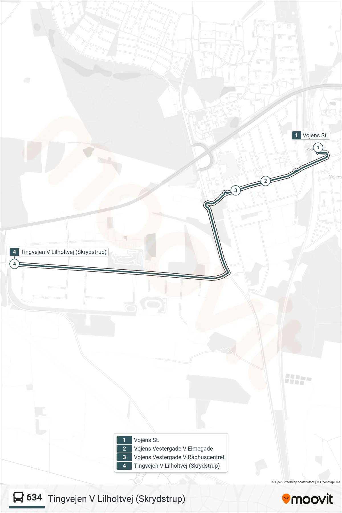634 bus Line (Tingvejen V Lilholtvej (Skrydstrup)) route and stops on a map