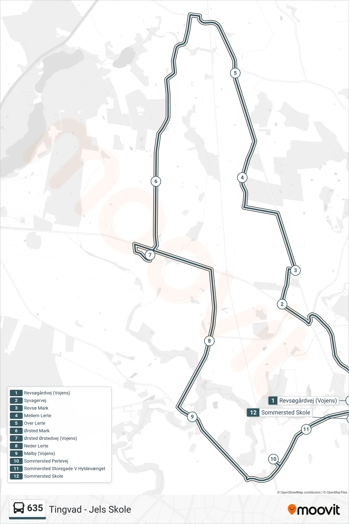 635 bus Linje (Sommersted Skole) rute og stop på et kort