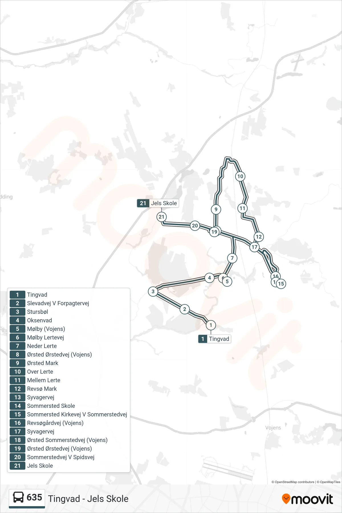 635 bus Linje (Jels Skole) rute og stop på et kort