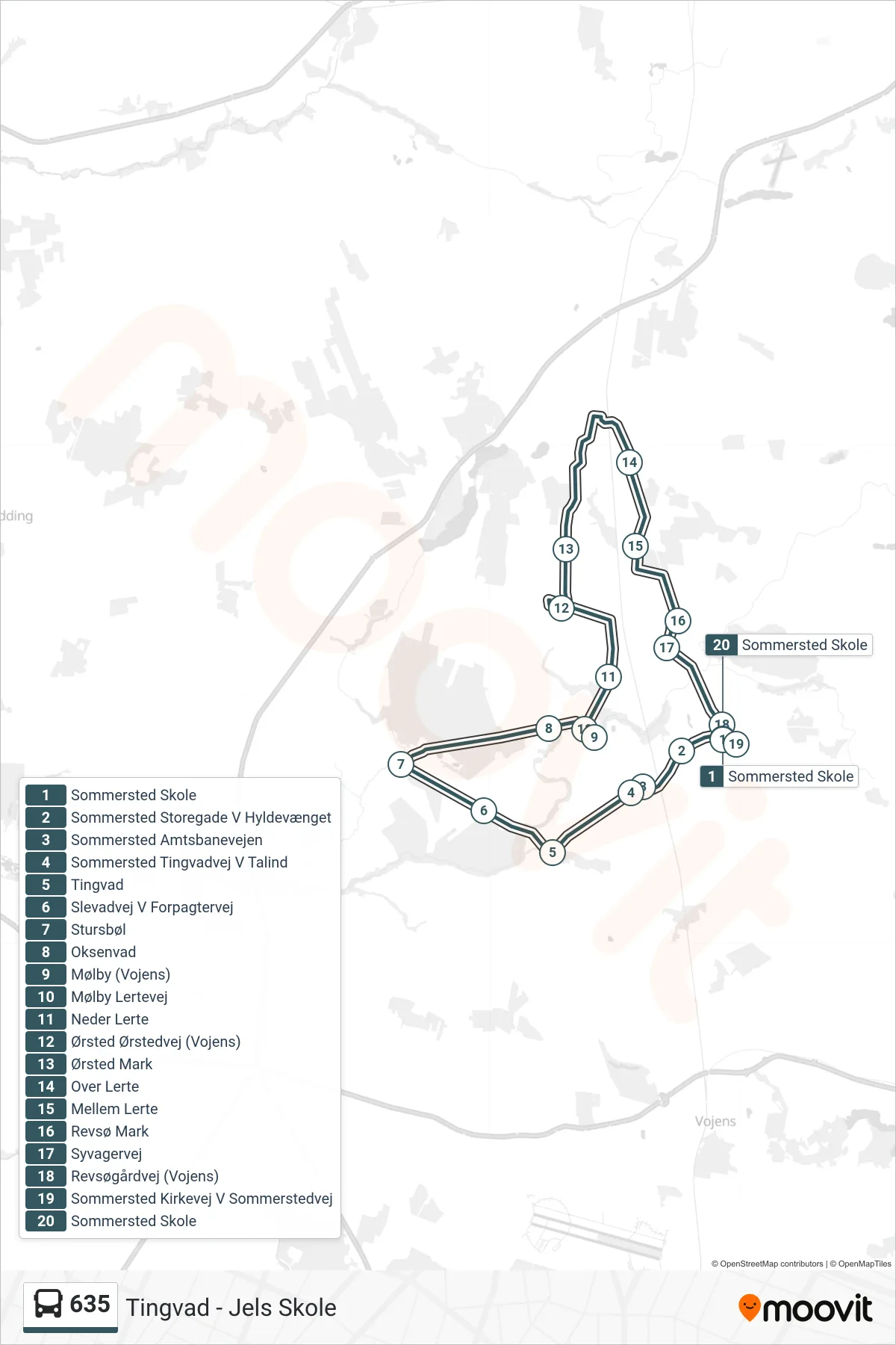 635 bus Linje (Sommersted Skole) rute og stop på et kort