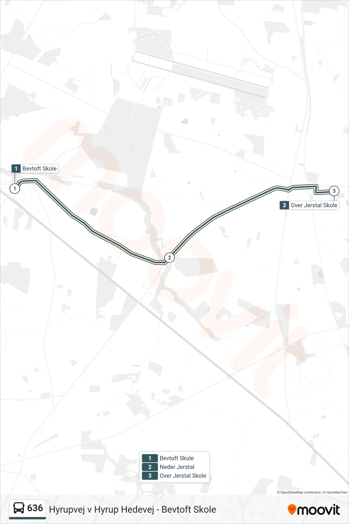 636 bus Linje (Over Jerstal Skole) rute og stop på et kort